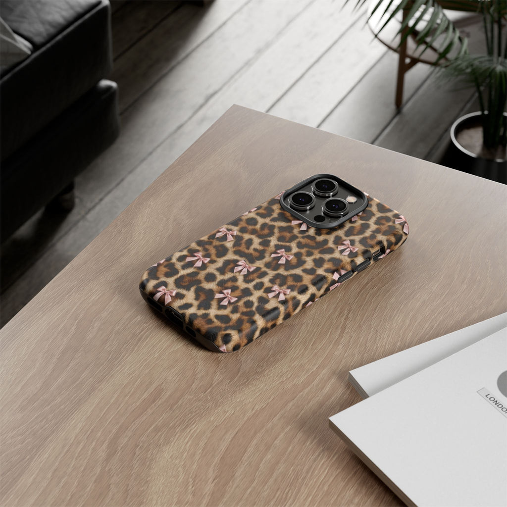Leopard Print Bow Phone Case - Coquette Pink Ribbon Tough Case for iPhone and Samsung, Real Spot Animal Print