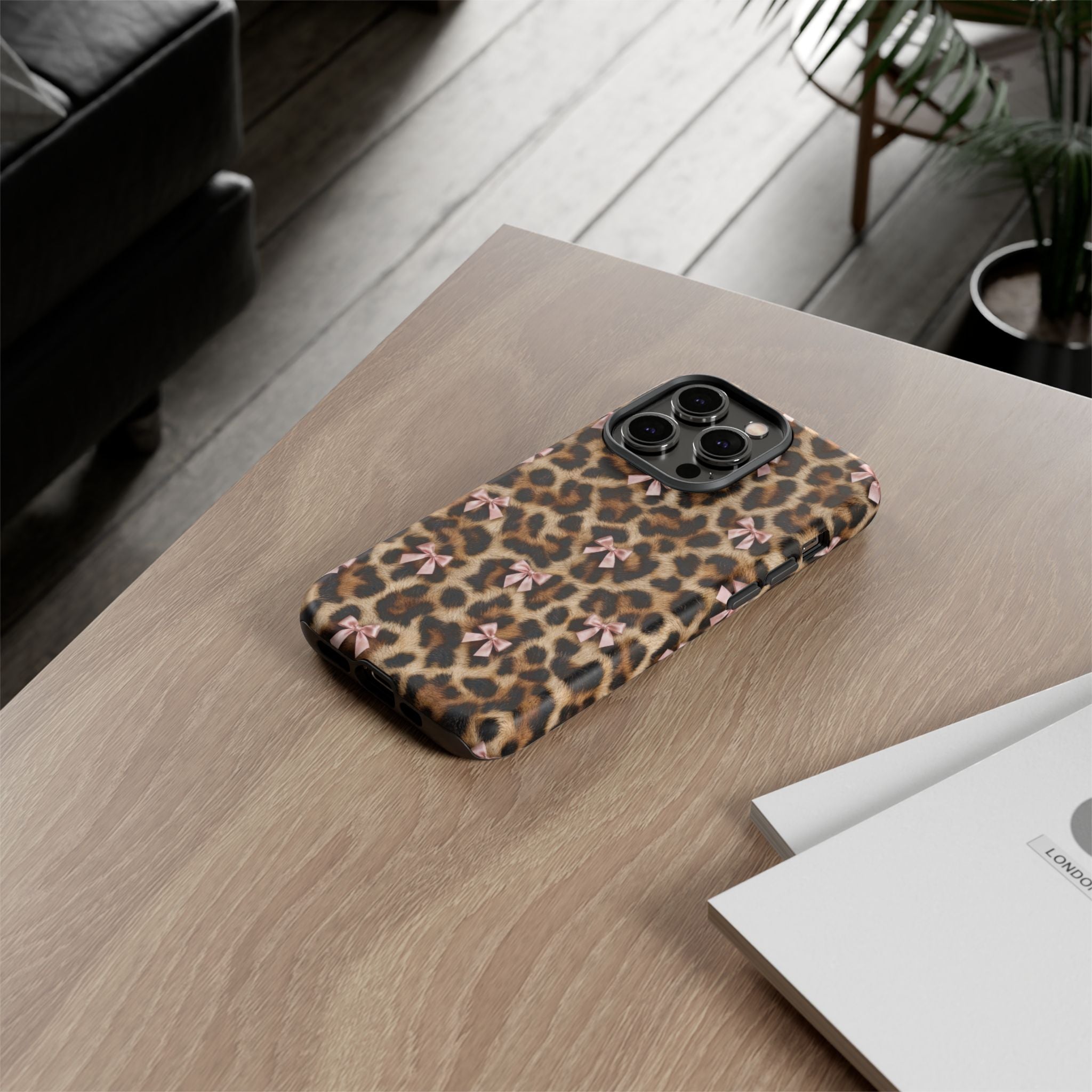 Leopard Print Bow Phone Case - Coquette Pink Ribbon Tough Case for iPhone and Samsung, Real Spot Animal Print