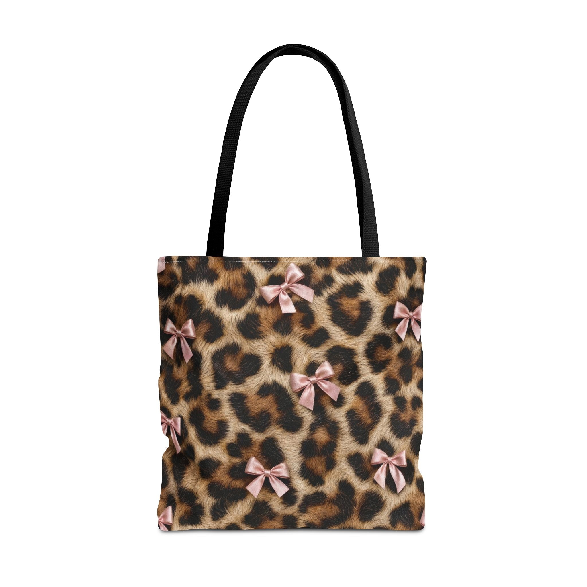 Leopard Print Bow Tote Bag - Coquette Pink Ribbon Canvas Tote, Real Spot Animal Print Shoulder Bag, 3 Sizes