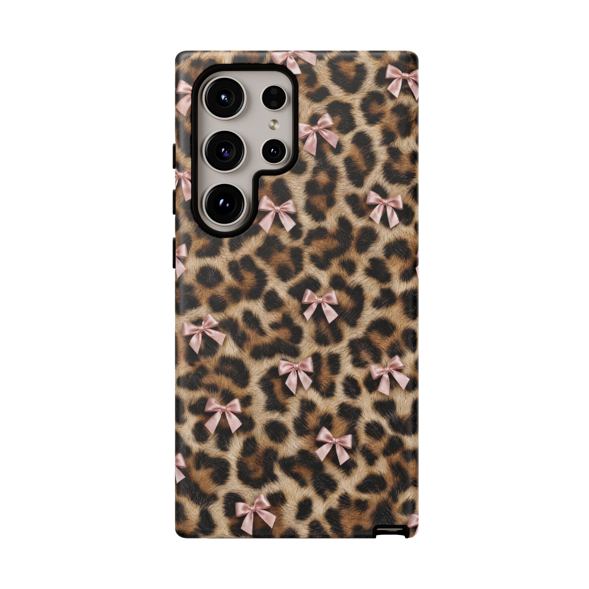 Leopard Print Bow Phone Case - Coquette Pink Ribbon Tough Case for iPhone and Samsung, Real Spot Animal Print