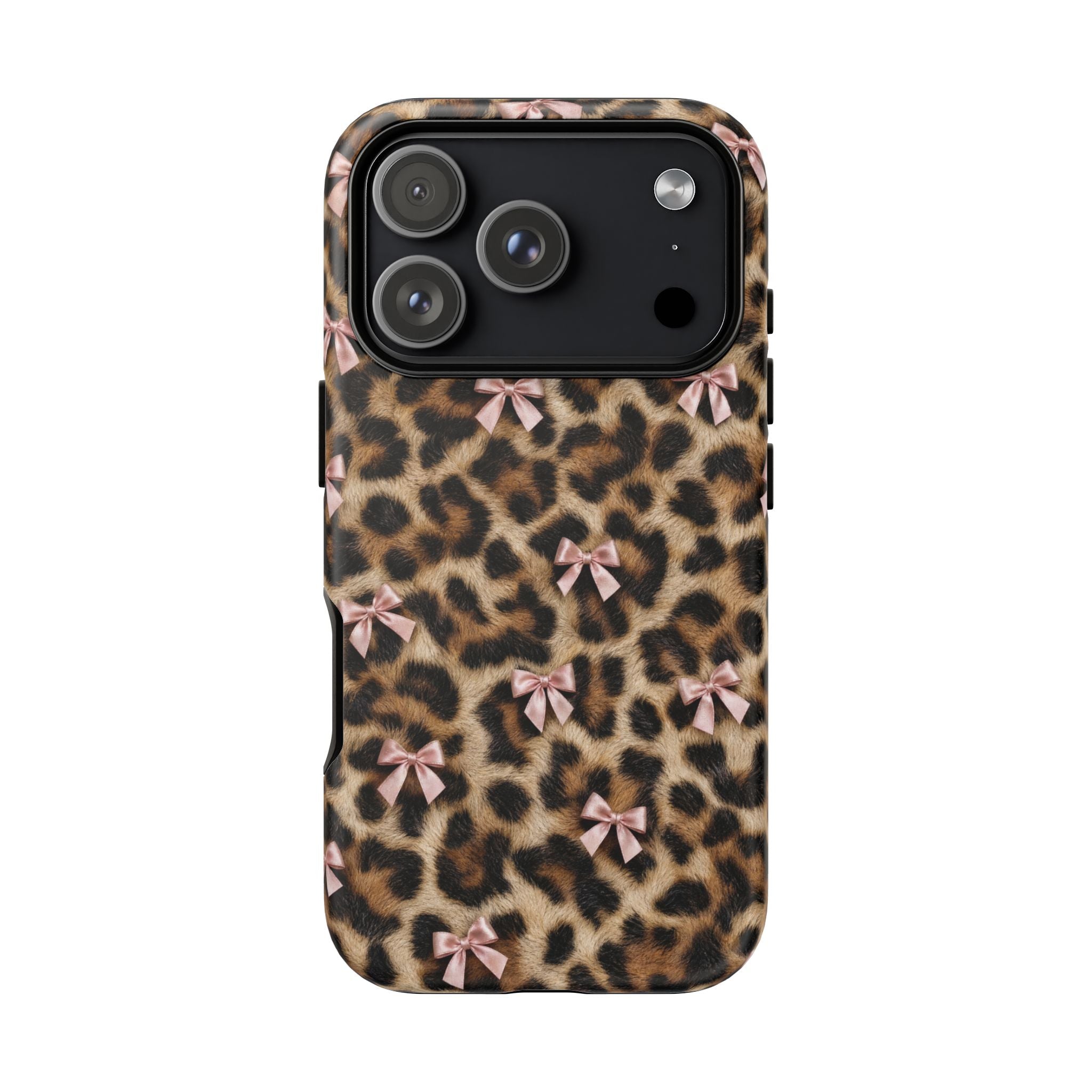 Leopard Print Bow Phone Case - Coquette Pink Ribbon Tough Case for iPhone and Samsung, Real Spot Animal Print