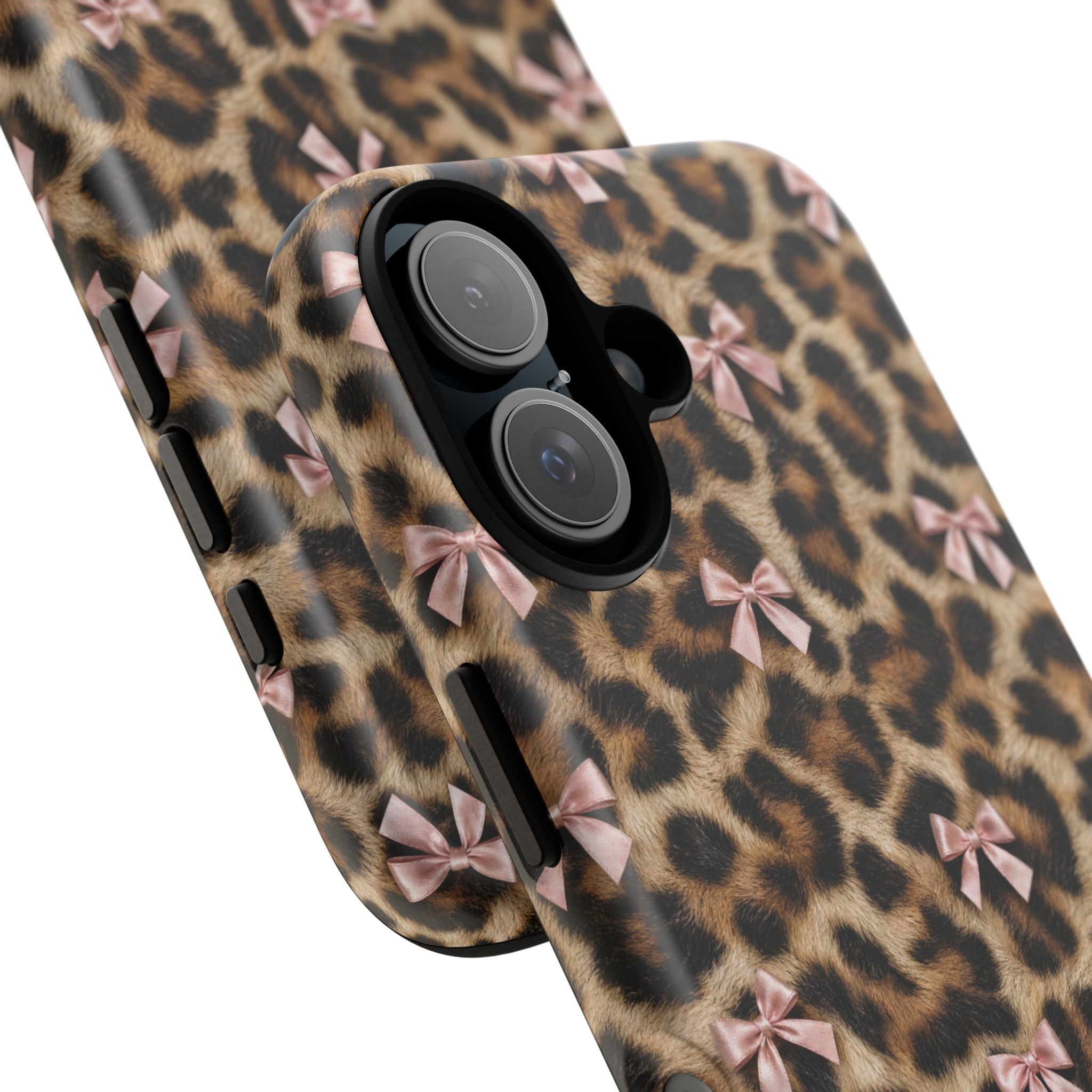 Leopard Print Bow Phone Case - Coquette Pink Ribbon Tough Case for iPhone and Samsung, Real Spot Animal Print