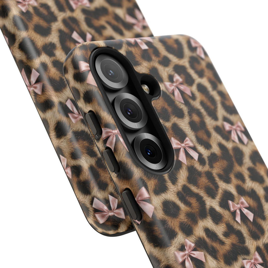 Leopard Print Bow Phone Case - Coquette Pink Ribbon Tough Case for iPhone and Samsung, Real Spot Animal Print