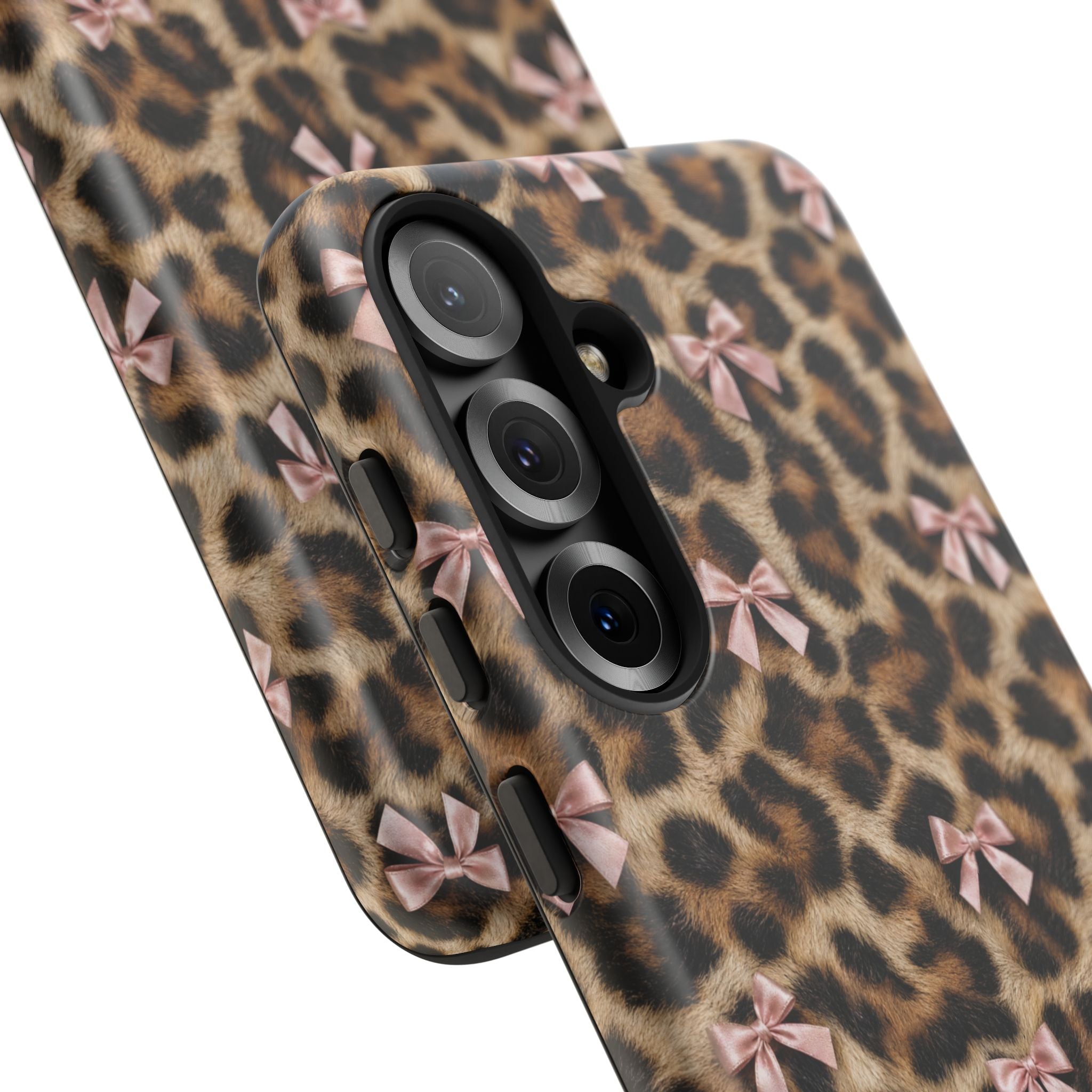 Leopard Print Bow Phone Case - Coquette Pink Ribbon Tough Case for iPhone and Samsung, Real Spot Animal Print