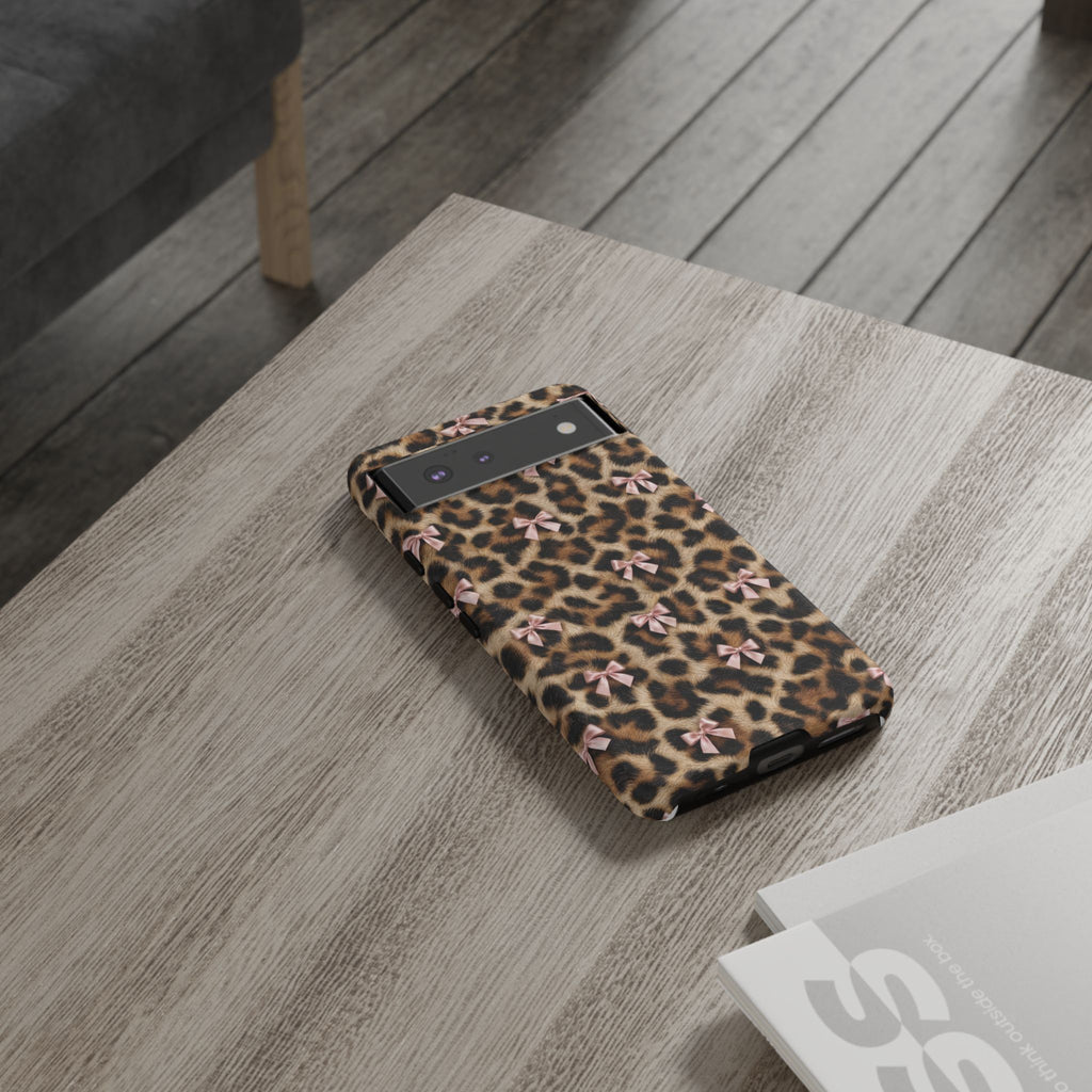 Leopard Print Bow Phone Case - Coquette Pink Ribbon Tough Case for iPhone and Samsung, Real Spot Animal Print