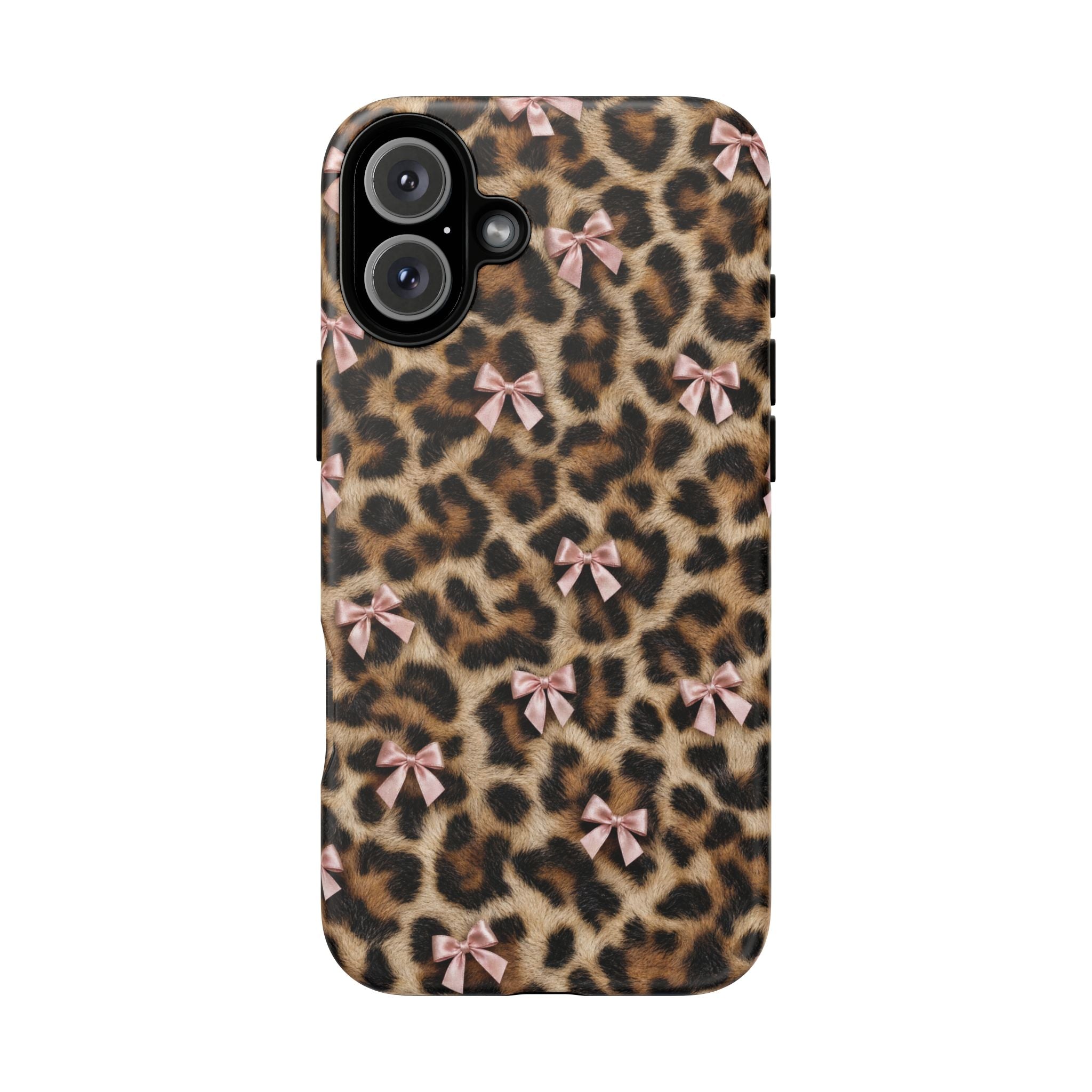 Leopard Print Bow Phone Case - Coquette Pink Ribbon Tough Case for iPhone and Samsung, Real Spot Animal Print