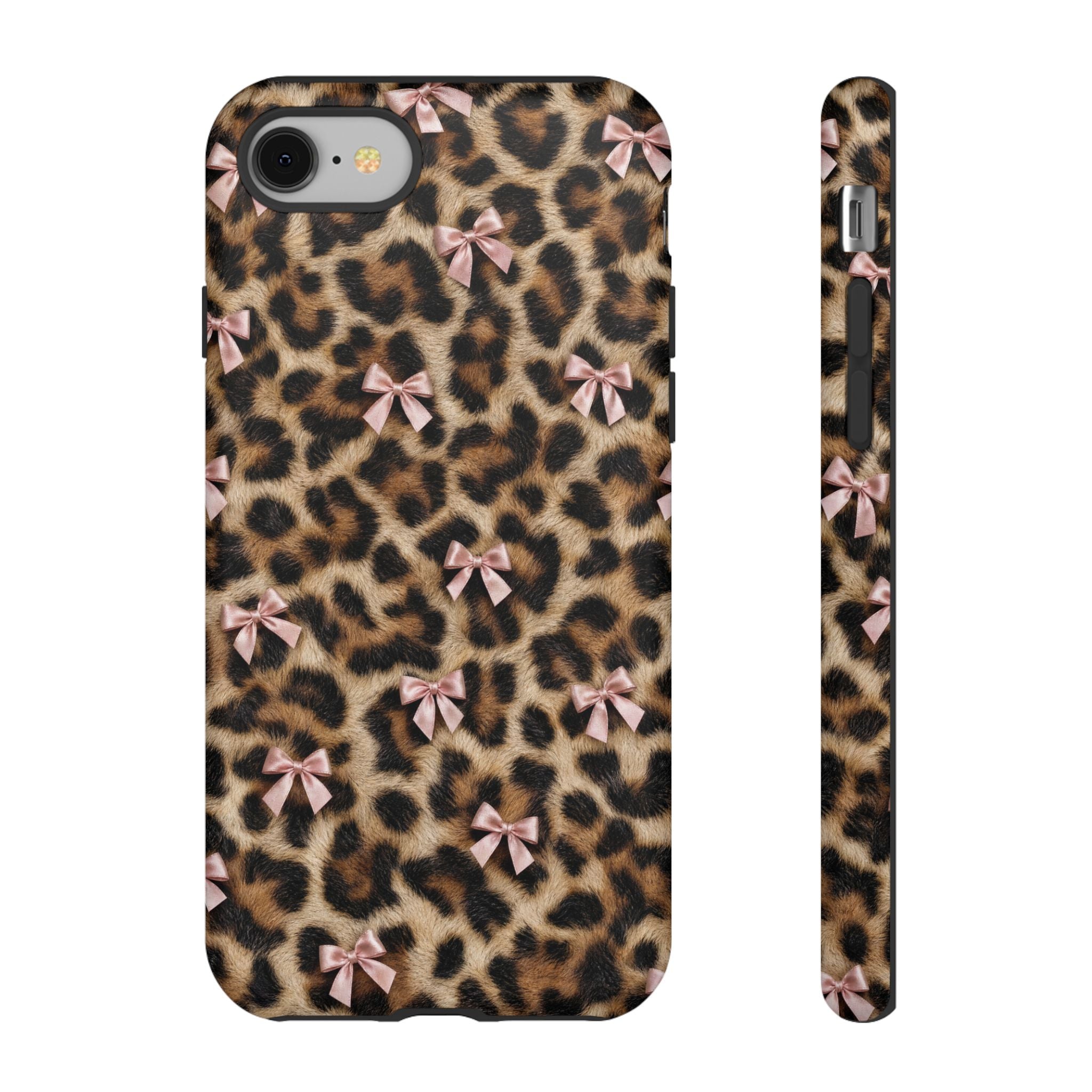Leopard Print Bow Phone Case - Coquette Pink Ribbon Tough Case for iPhone and Samsung, Real Spot Animal Print