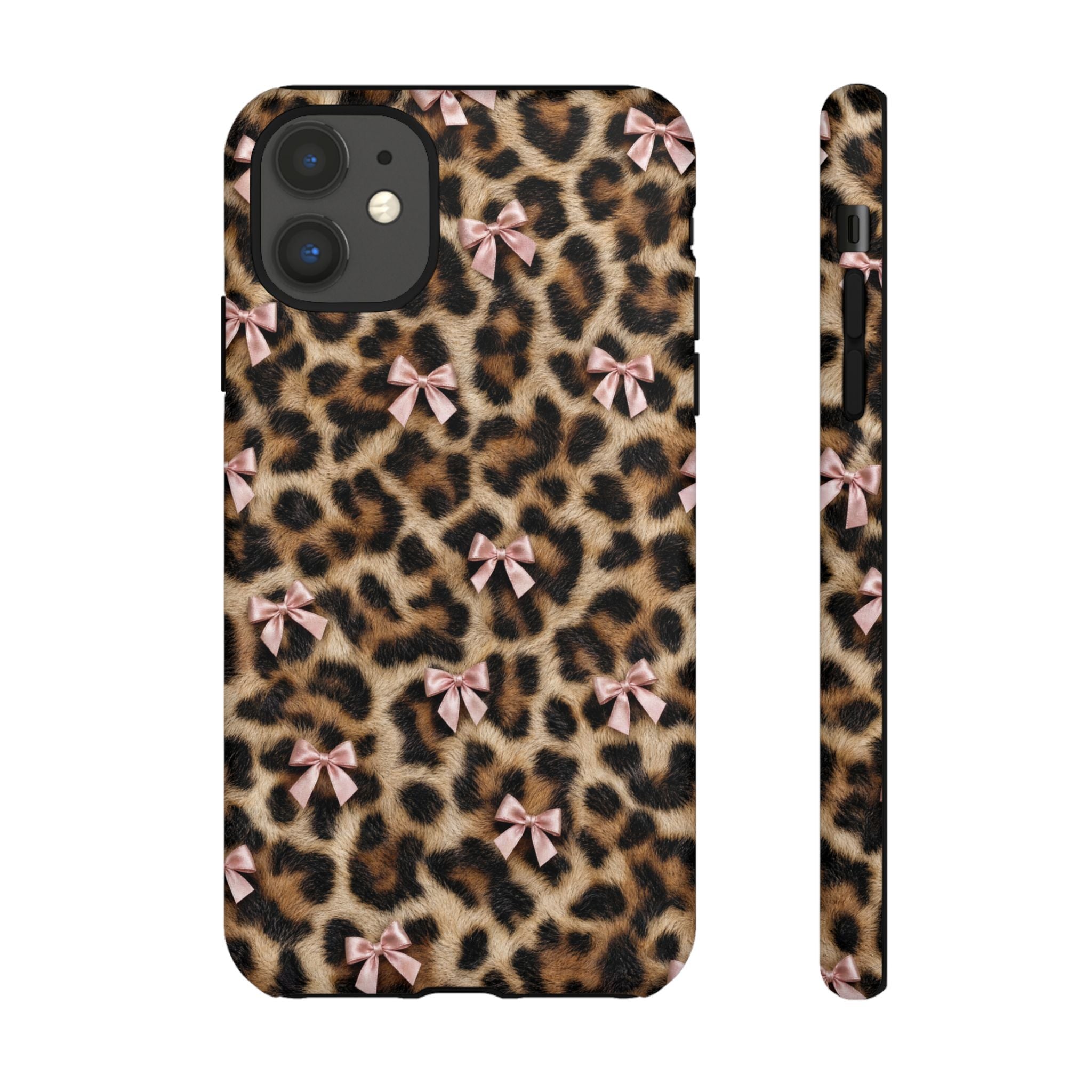 Leopard Print Bow Phone Case - Coquette Pink Ribbon Tough Case for iPhone and Samsung, Real Spot Animal Print