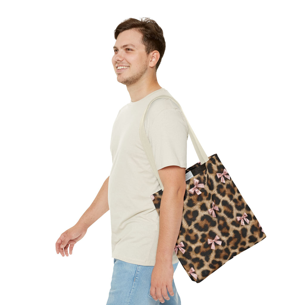 Leopard Print Bow Tote Bag - Coquette Pink Ribbon Canvas Tote, Real Spot Animal Print Shoulder Bag, 3 Sizes