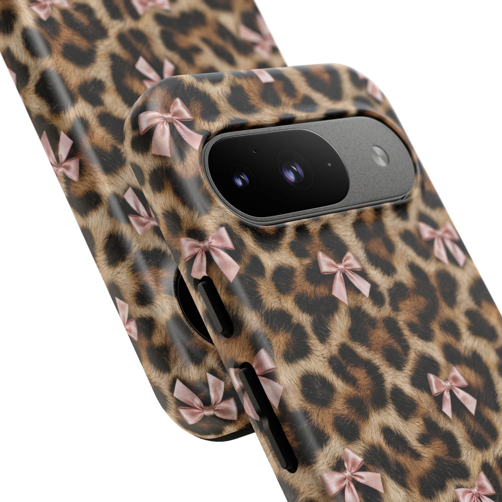 Leopard Print Bow Phone Case - Coquette Pink Ribbon Tough Case for iPhone and Samsung, Real Spot Animal Print