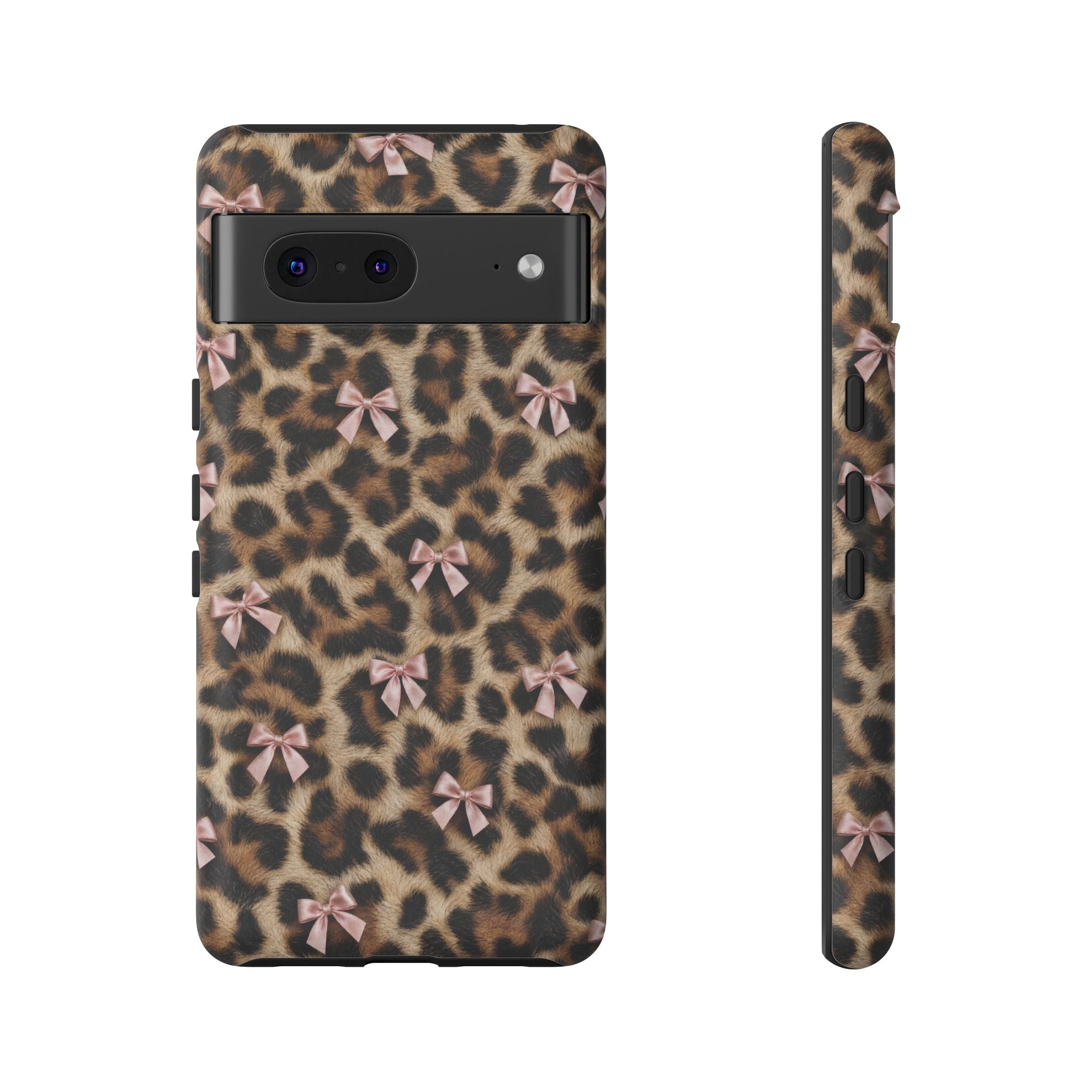 Leopard Print Bow Phone Case - Coquette Pink Ribbon Tough Case for iPhone and Samsung, Real Spot Animal Print