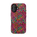 Bright neon rainbow leopard print phone case in a Y2K palette, shown on iPhone 17