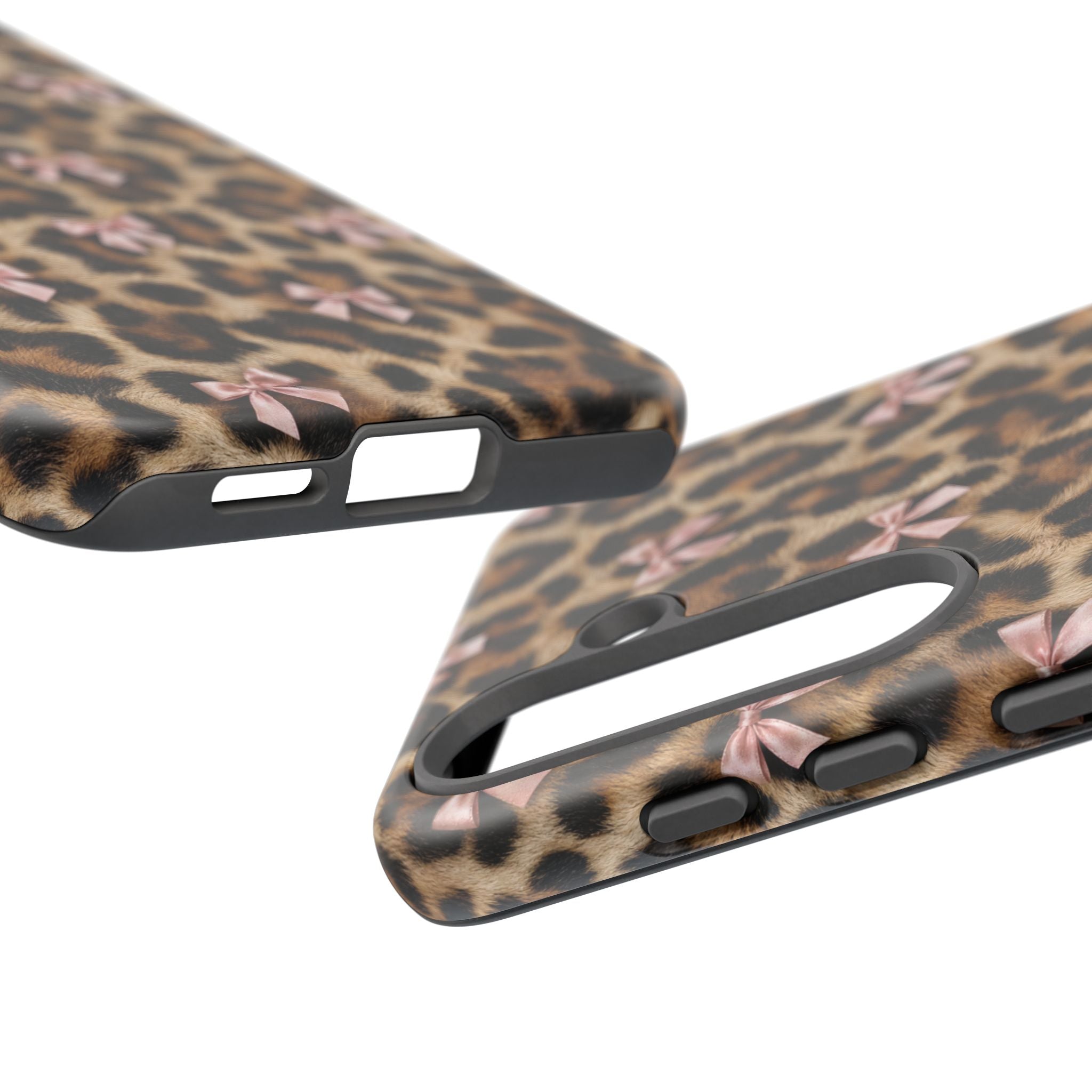 Leopard Print Bow Phone Case - Coquette Pink Ribbon Tough Case for iPhone and Samsung, Real Spot Animal Print