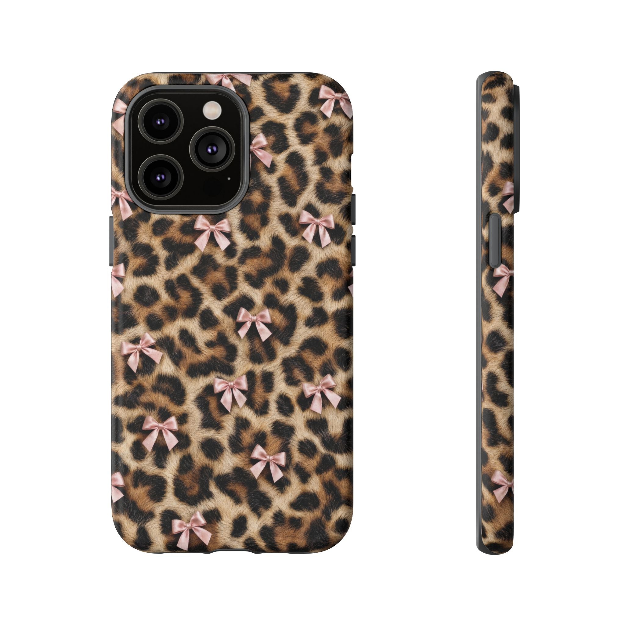 Leopard Print Bow Phone Case - Coquette Pink Ribbon Tough Case for iPhone and Samsung, Real Spot Animal Print