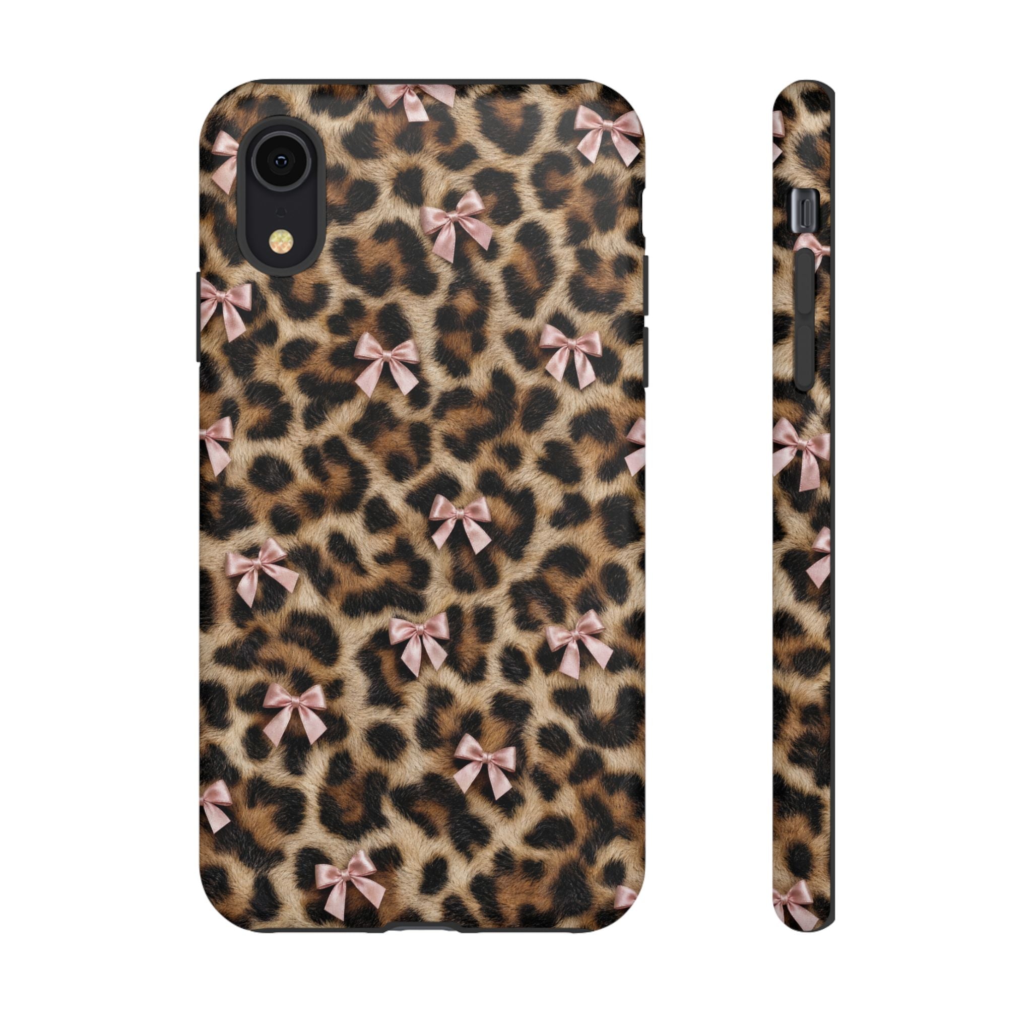 Leopard Print Bow Phone Case - Coquette Pink Ribbon Tough Case for iPhone and Samsung, Real Spot Animal Print