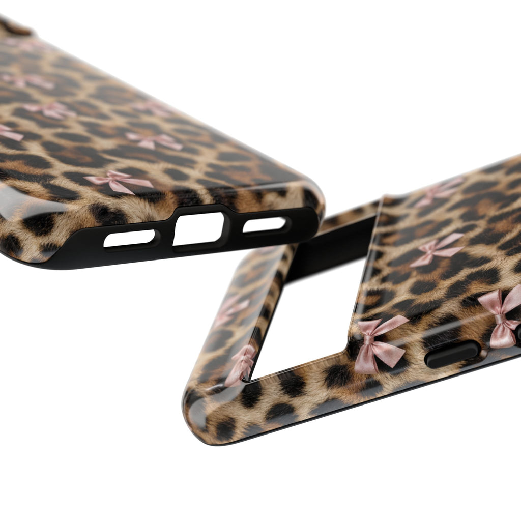 Leopard Print Bow Phone Case - Coquette Pink Ribbon Tough Case for iPhone and Samsung, Real Spot Animal Print