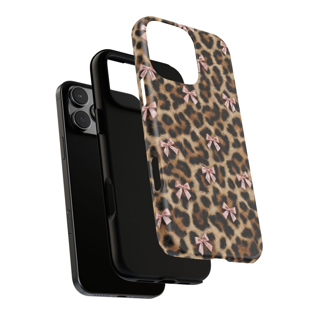 Leopard Print Bow Phone Case - Coquette Pink Ribbon Tough Case for iPhone and Samsung, Real Spot Animal Print
