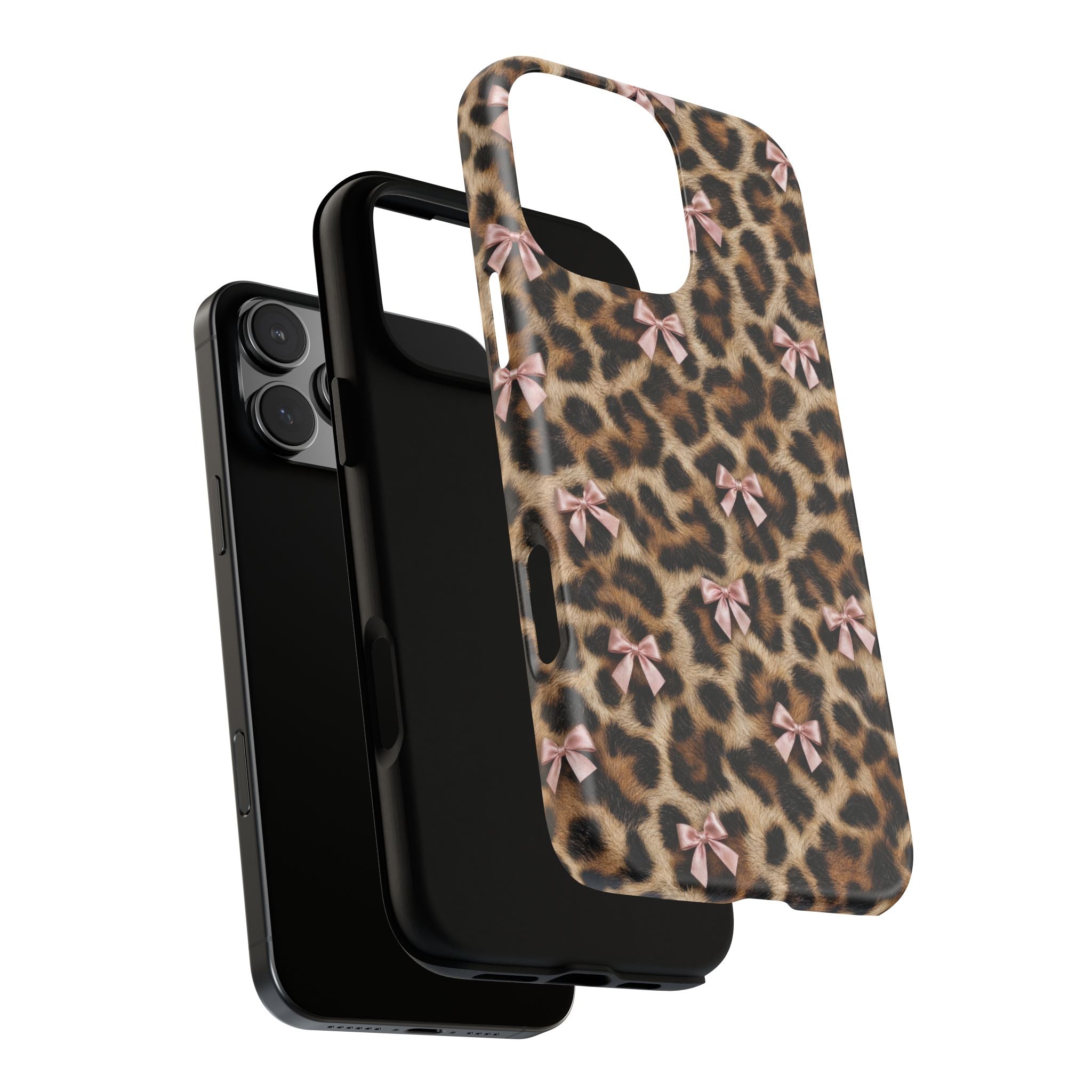 Leopard Print Bow Phone Case - Coquette Pink Ribbon Tough Case for iPhone and Samsung, Real Spot Animal Print