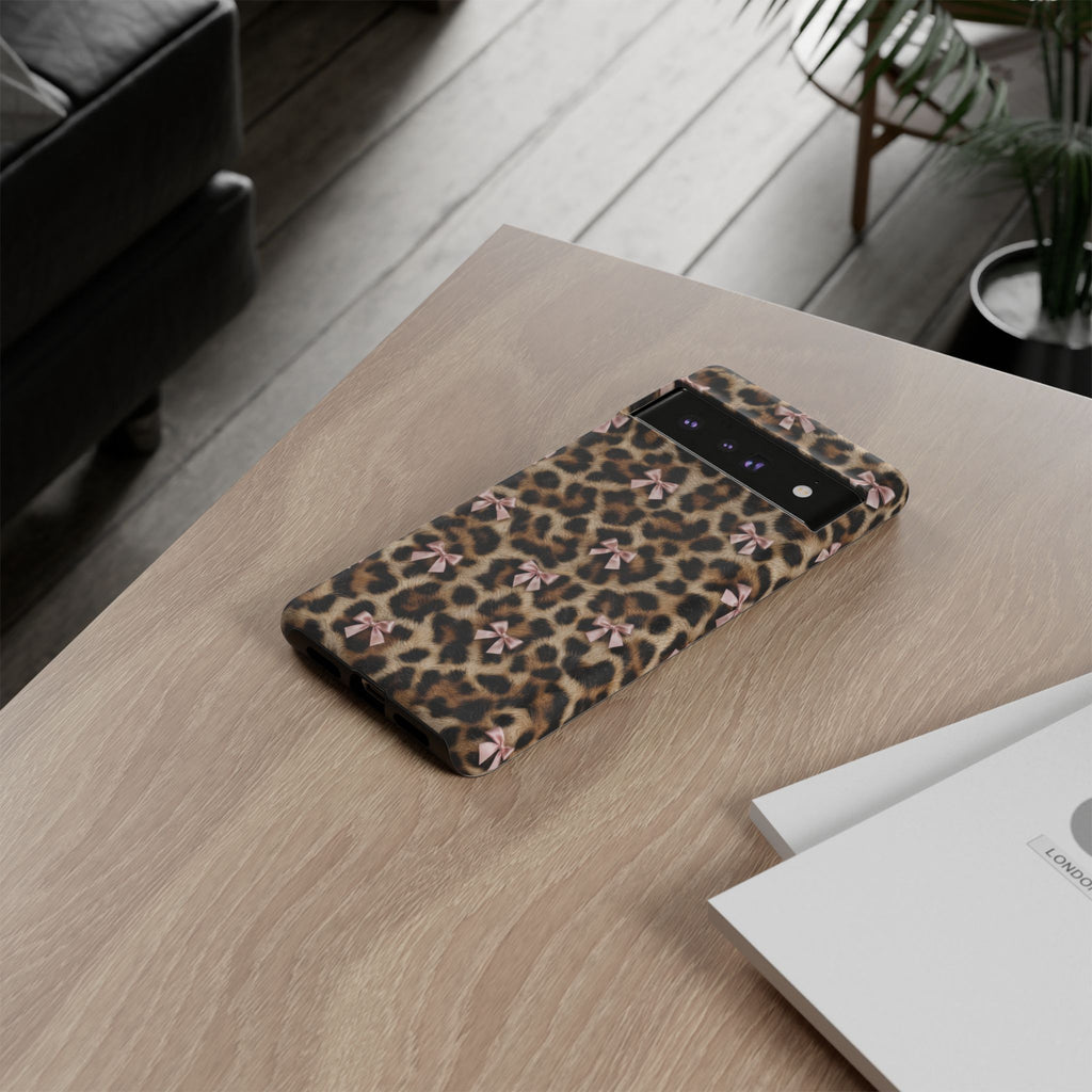 Leopard Print Bow Phone Case - Coquette Pink Ribbon Tough Case for iPhone and Samsung, Real Spot Animal Print