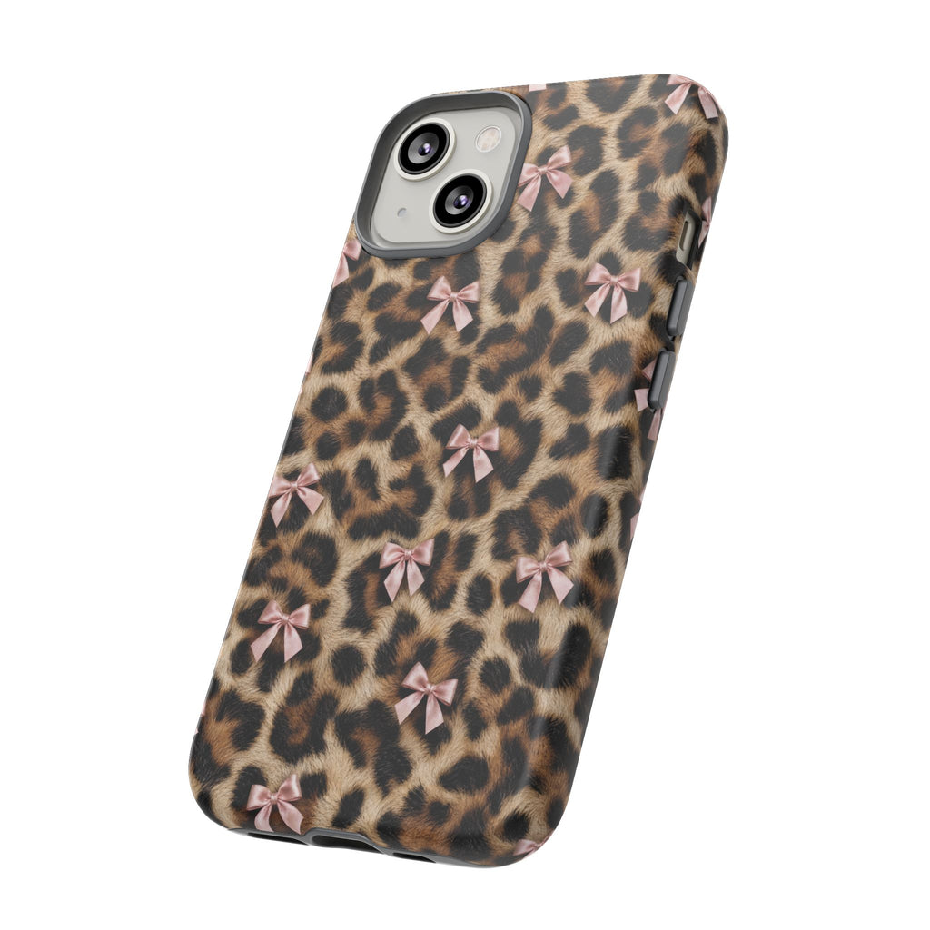 Leopard Print Bow Phone Case - Coquette Pink Ribbon Tough Case for iPhone and Samsung, Real Spot Animal Print