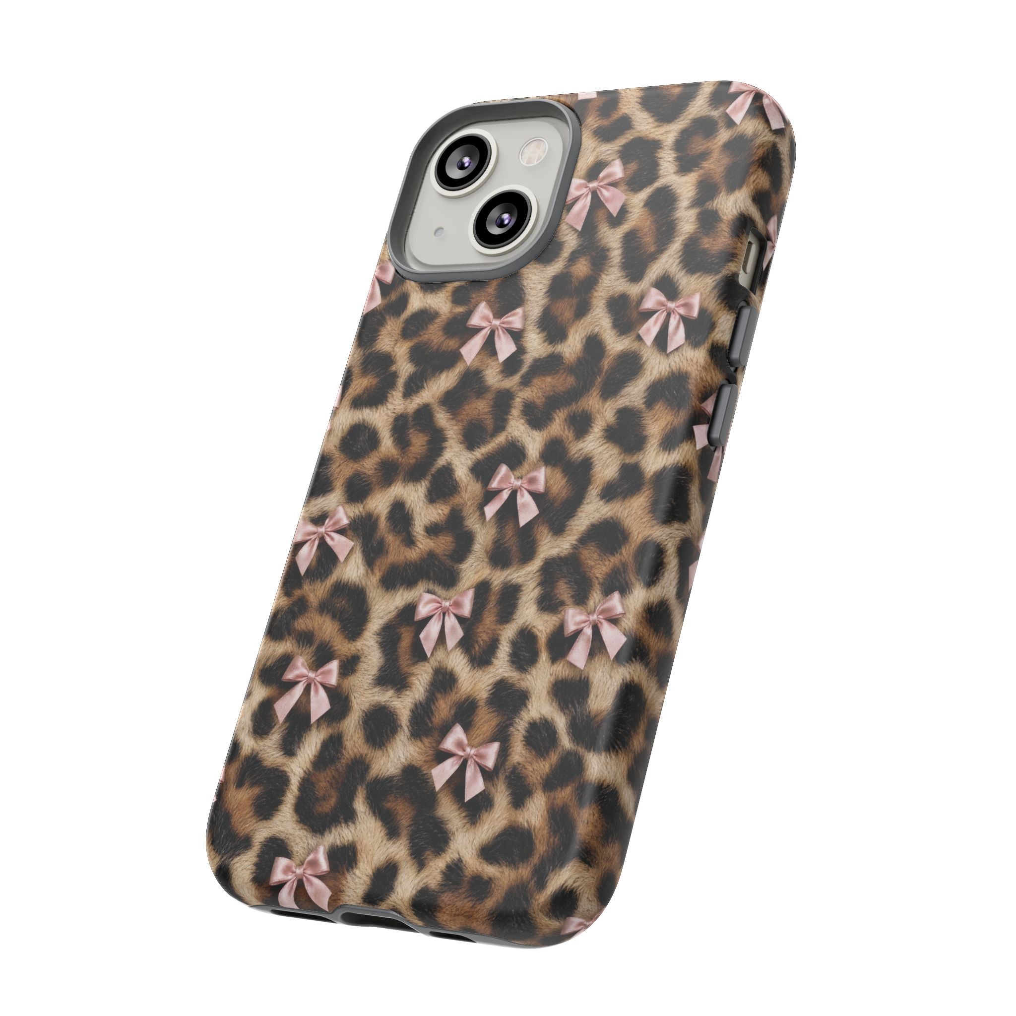 Leopard Print Bow Phone Case - Coquette Pink Ribbon Tough Case for iPhone and Samsung, Real Spot Animal Print