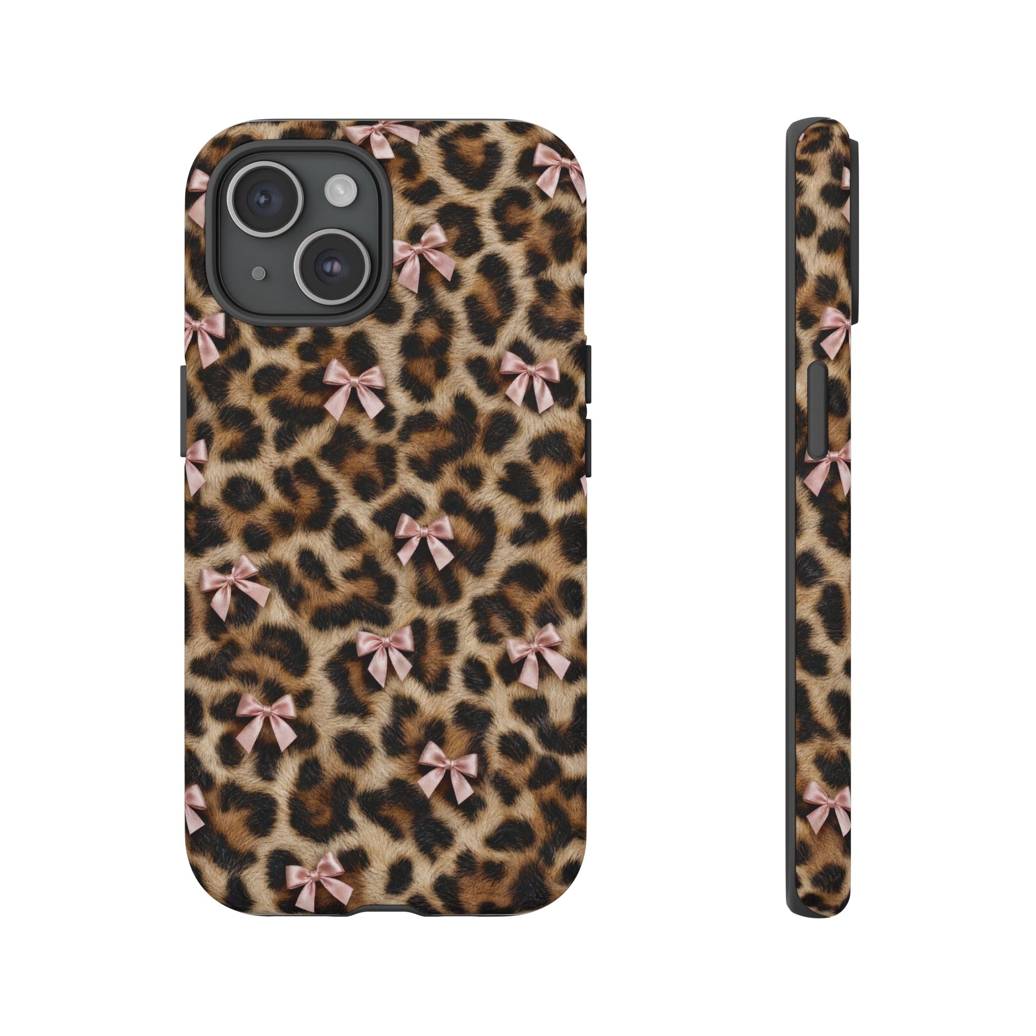 Leopard Print Bow Phone Case - Coquette Pink Ribbon Tough Case for iPhone and Samsung, Real Spot Animal Print