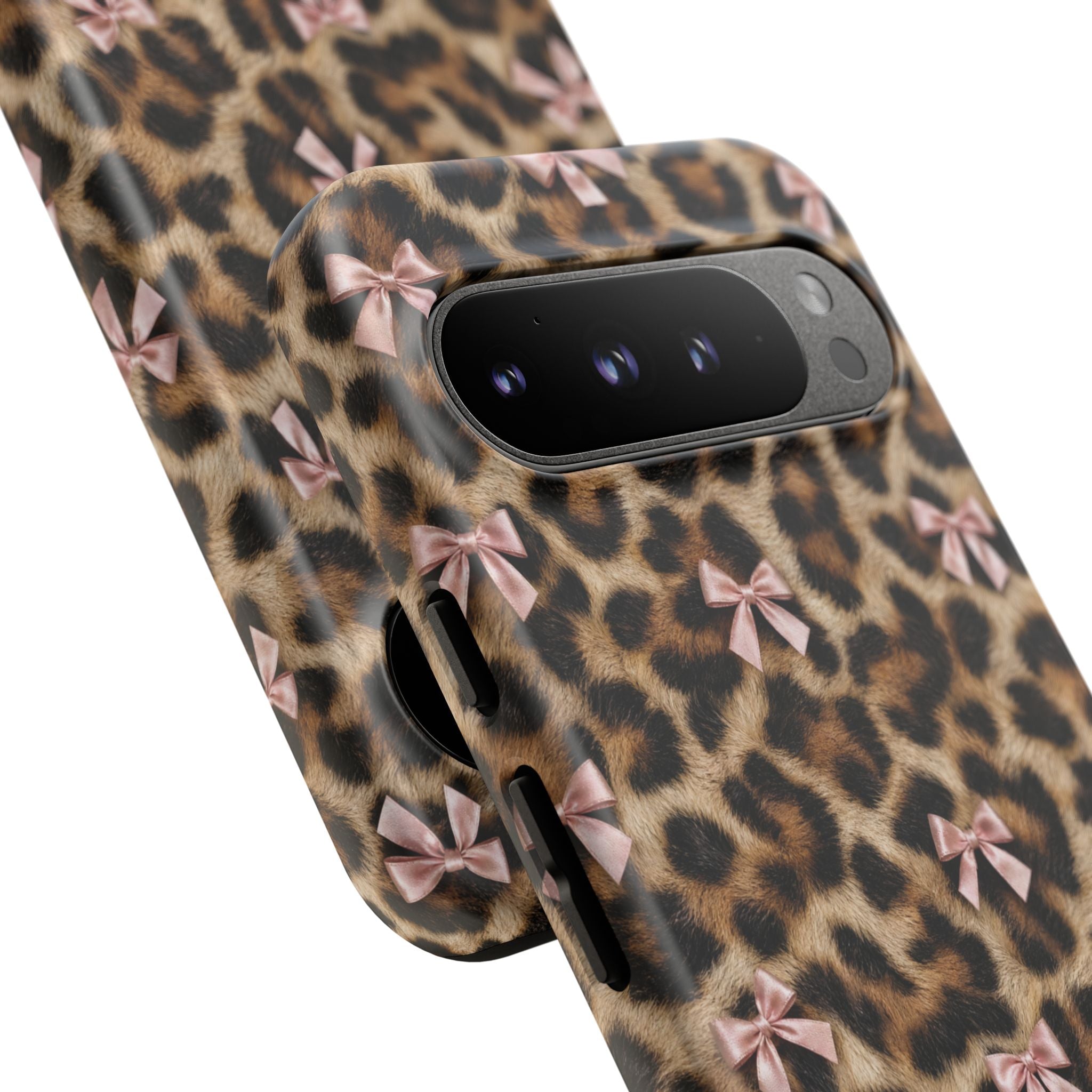 Leopard Print Bow Phone Case - Coquette Pink Ribbon Tough Case for iPhone and Samsung, Real Spot Animal Print