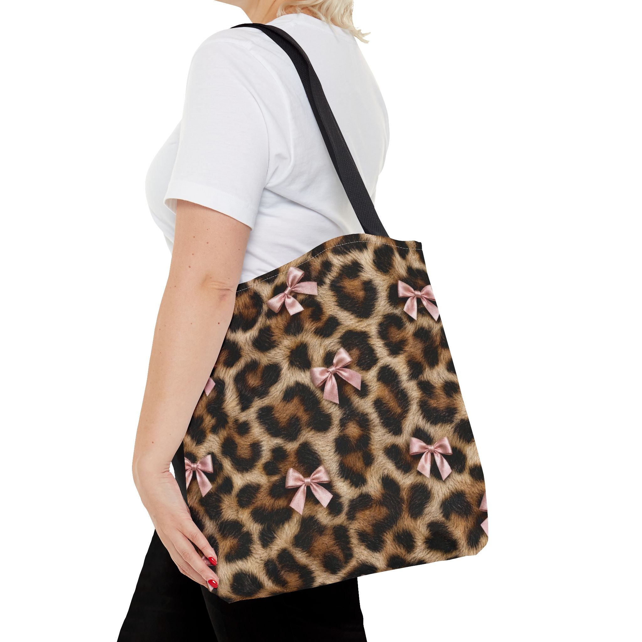 Leopard Print Bow Tote Bag - Coquette Pink Ribbon Canvas Tote, Real Spot Animal Print Shoulder Bag, 3 Sizes