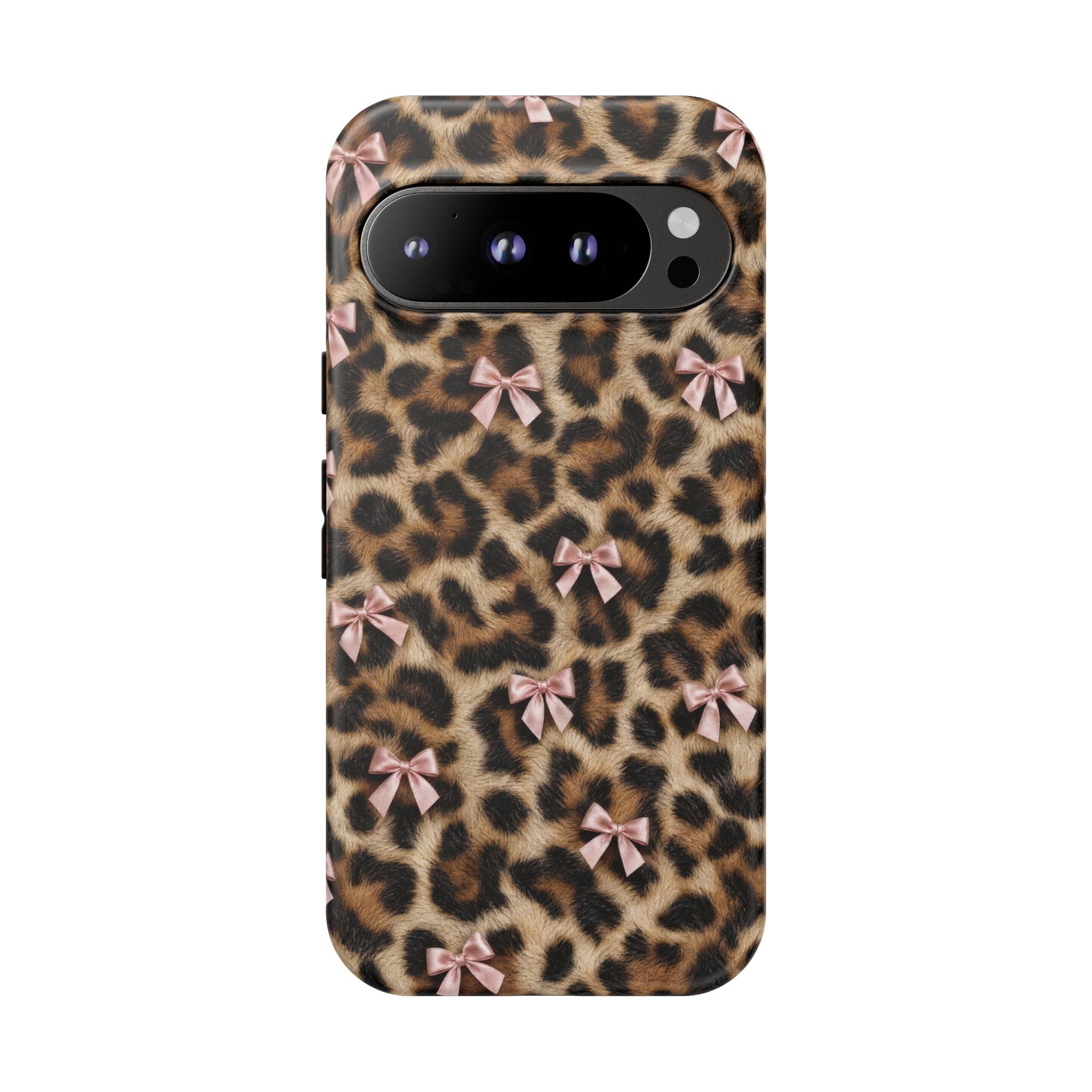 Leopard Print Bow Phone Case - Coquette Pink Ribbon Tough Case for iPhone and Samsung, Real Spot Animal Print