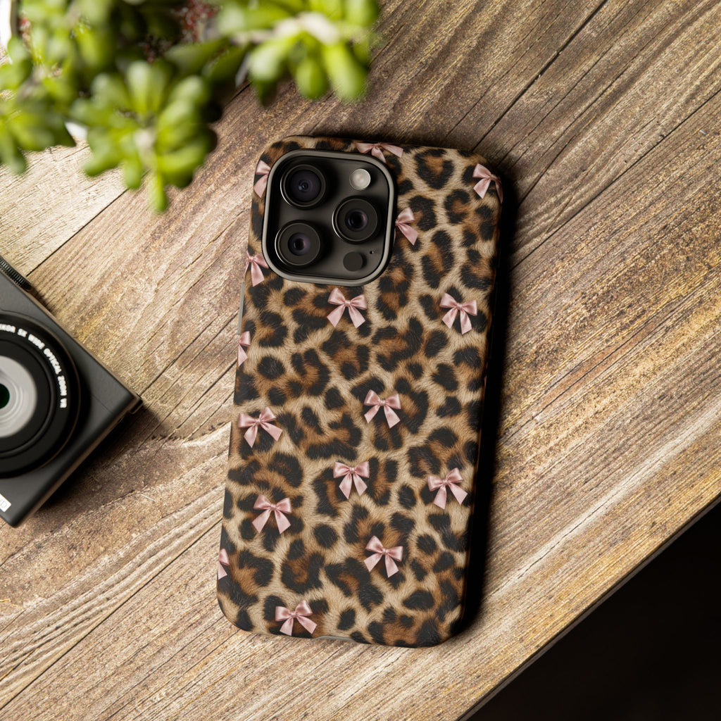 Leopard Print Bow Phone Case - Coquette Pink Ribbon Tough Case for iPhone and Samsung, Real Spot Animal Print