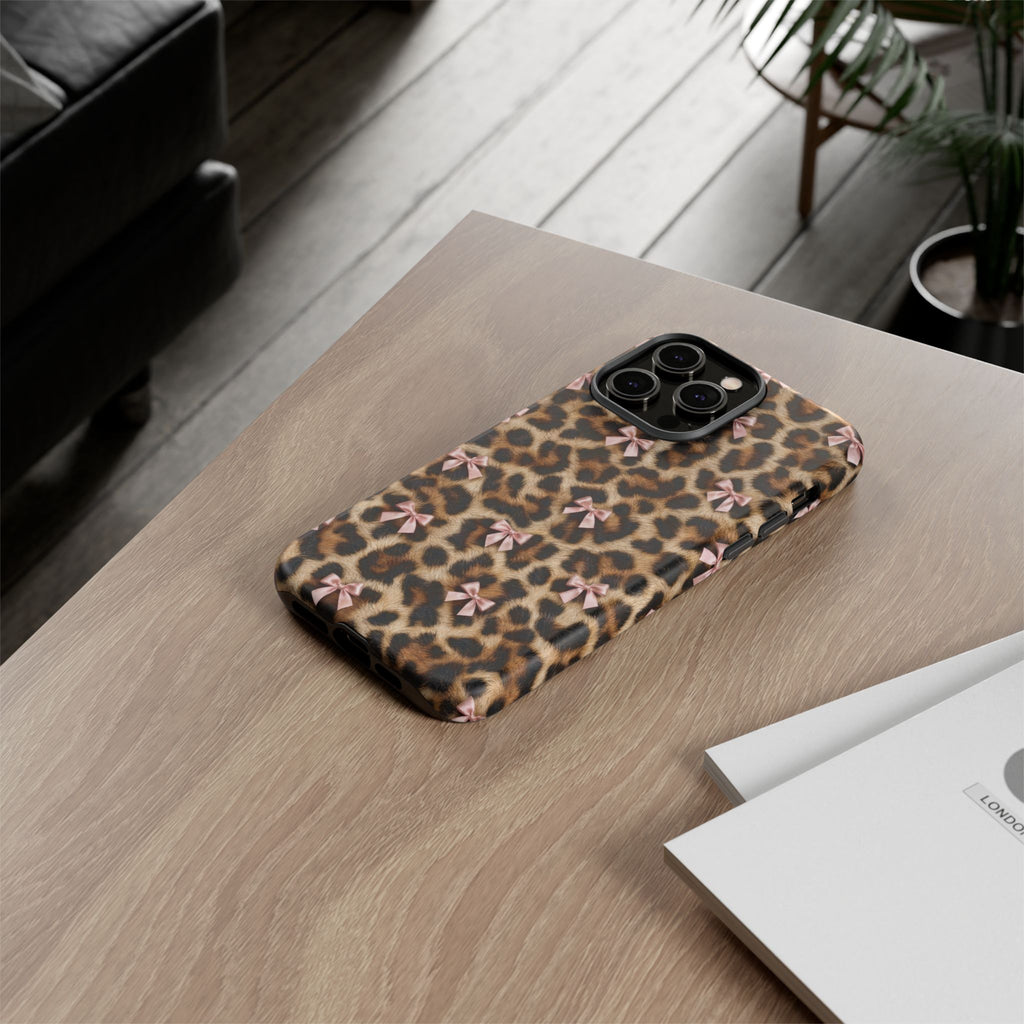 Leopard Print Bow Phone Case - Coquette Pink Ribbon Tough Case for iPhone and Samsung, Real Spot Animal Print
