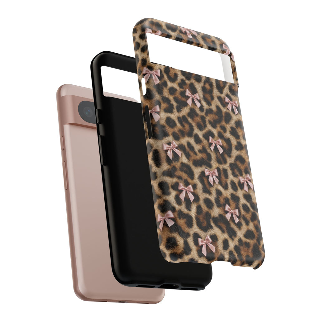 Leopard Print Bow Phone Case - Coquette Pink Ribbon Tough Case for iPhone and Samsung, Real Spot Animal Print