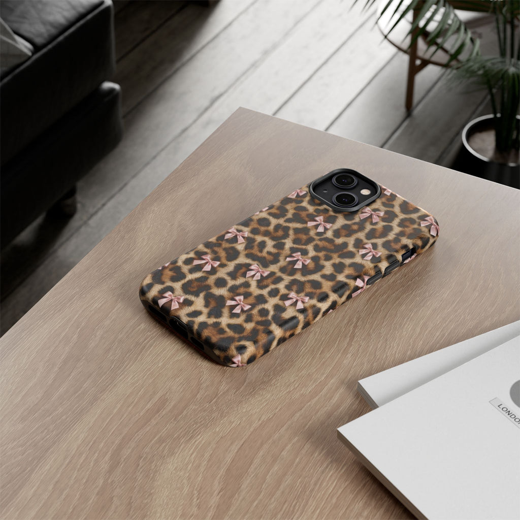 Leopard Print Bow Phone Case - Coquette Pink Ribbon Tough Case for iPhone and Samsung, Real Spot Animal Print