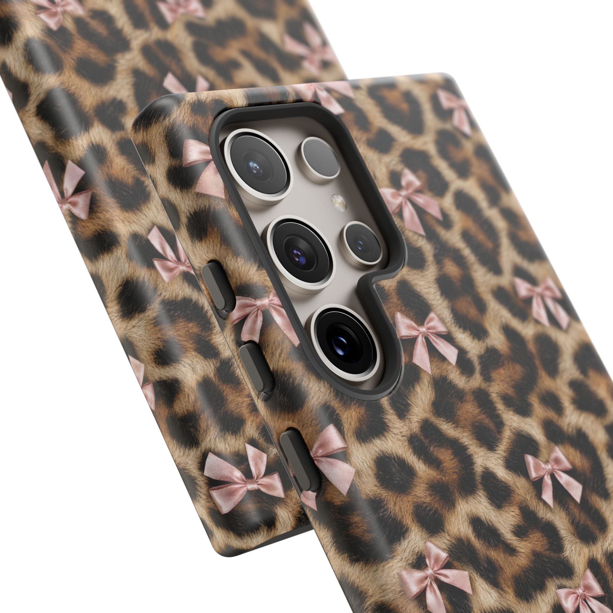 Leopard Print Bow Phone Case - Coquette Pink Ribbon Tough Case for iPhone and Samsung, Real Spot Animal Print