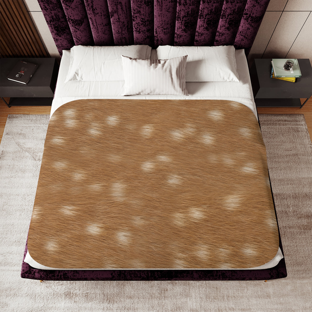 Deer print throw blanket — photographic fawn markings, plush sherpa reverse
