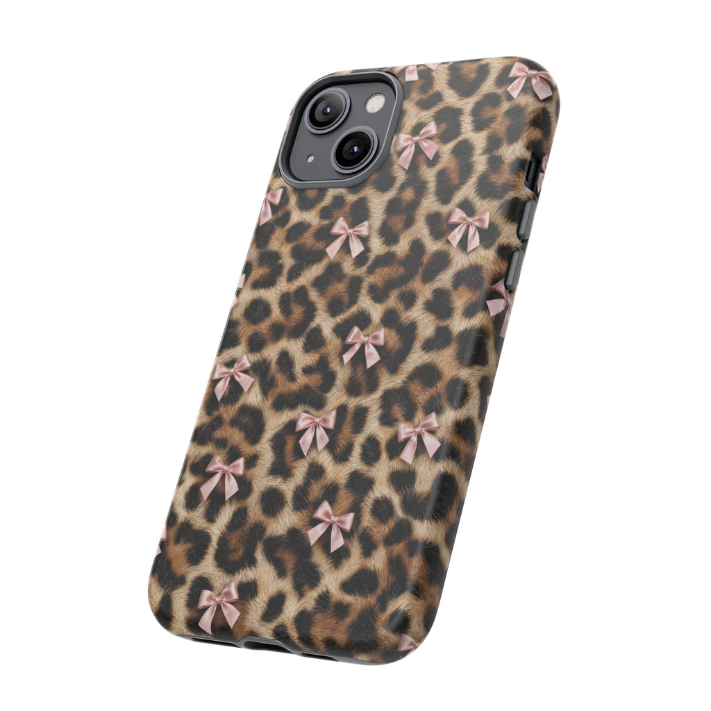 Leopard Print Bow Phone Case - Coquette Pink Ribbon Tough Case for iPhone and Samsung, Real Spot Animal Print