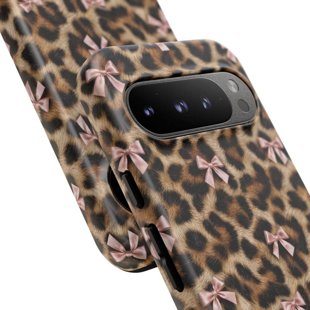 Leopard Print Bow Phone Case - Coquette Pink Ribbon Tough Case for iPhone and Samsung, Real Spot Animal Print