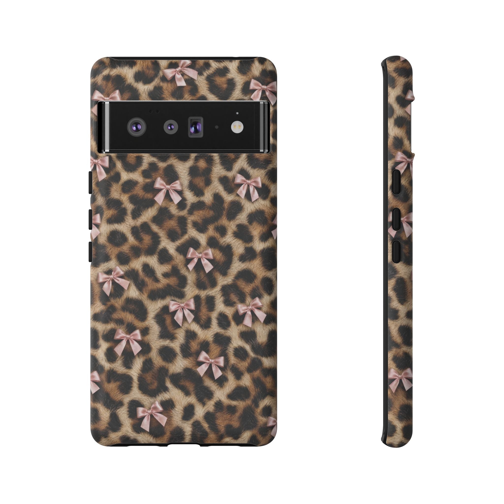 Leopard Print Bow Phone Case - Coquette Pink Ribbon Tough Case for iPhone and Samsung, Real Spot Animal Print