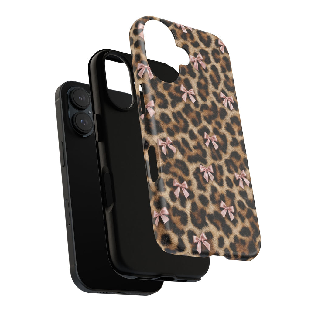 Leopard Print Bow Phone Case - Coquette Pink Ribbon Tough Case for iPhone and Samsung, Real Spot Animal Print