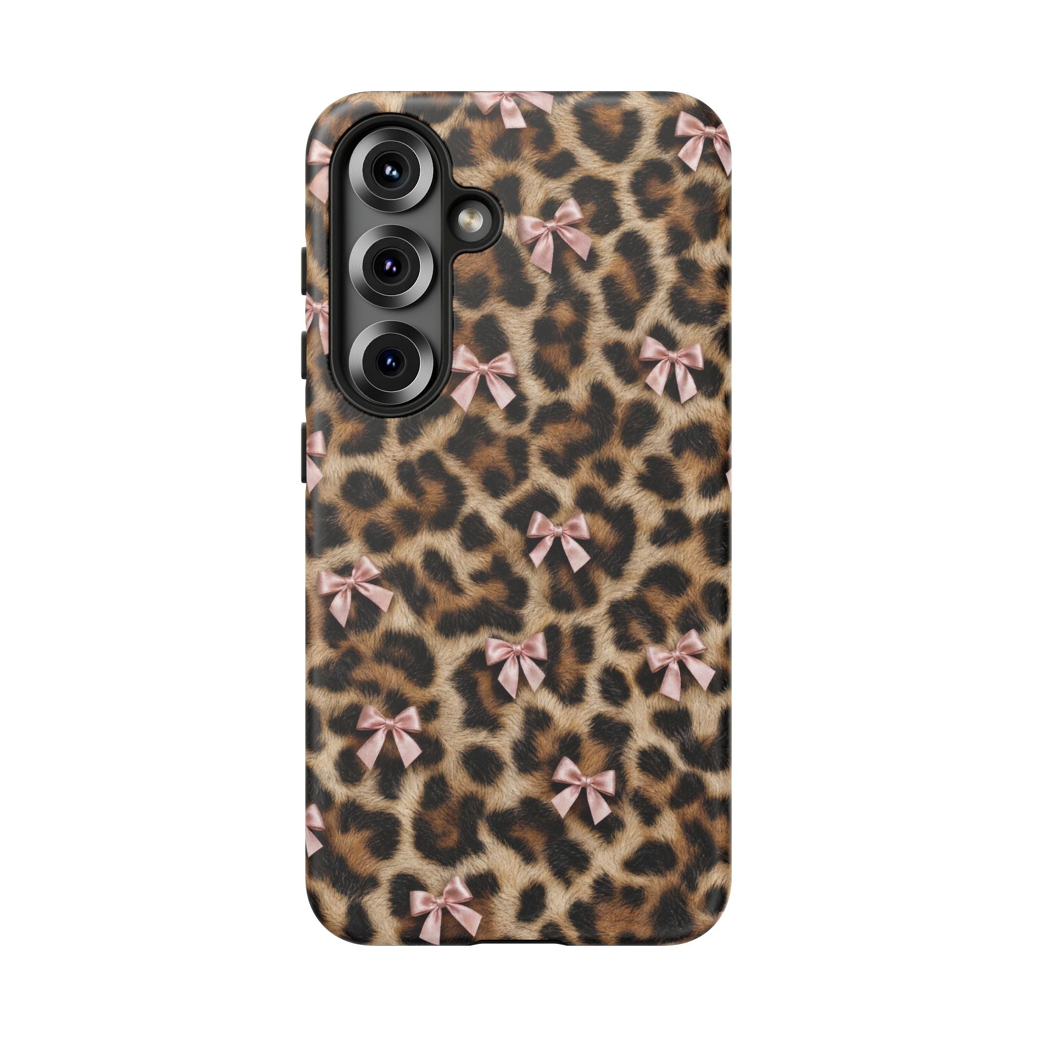 Leopard Print Bow Phone Case - Coquette Pink Ribbon Tough Case for iPhone and Samsung, Real Spot Animal Print