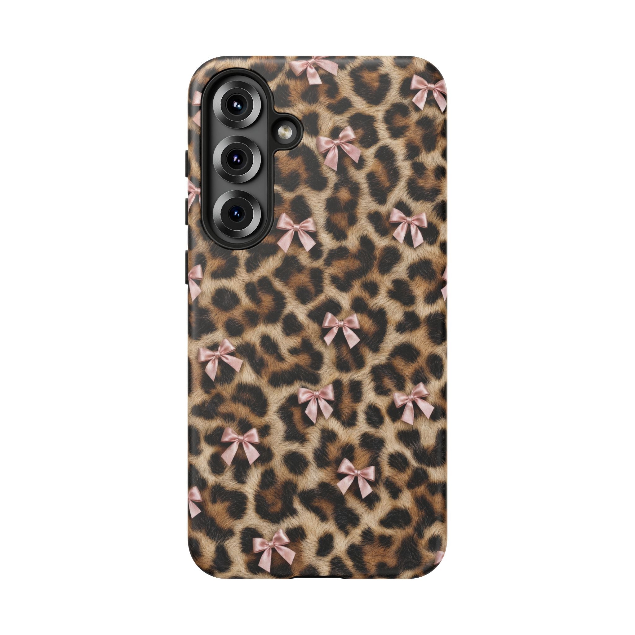 Leopard Print Bow Phone Case - Coquette Pink Ribbon Tough Case for iPhone and Samsung, Real Spot Animal Print