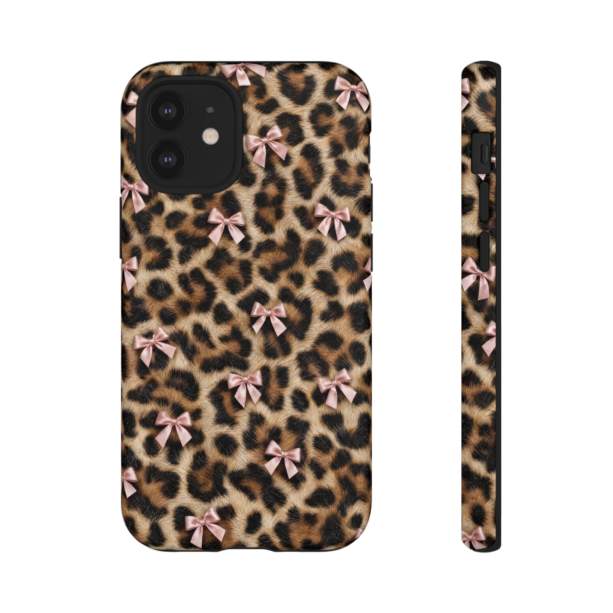 Leopard Print Bow Phone Case - Coquette Pink Ribbon Tough Case for iPhone and Samsung, Real Spot Animal Print