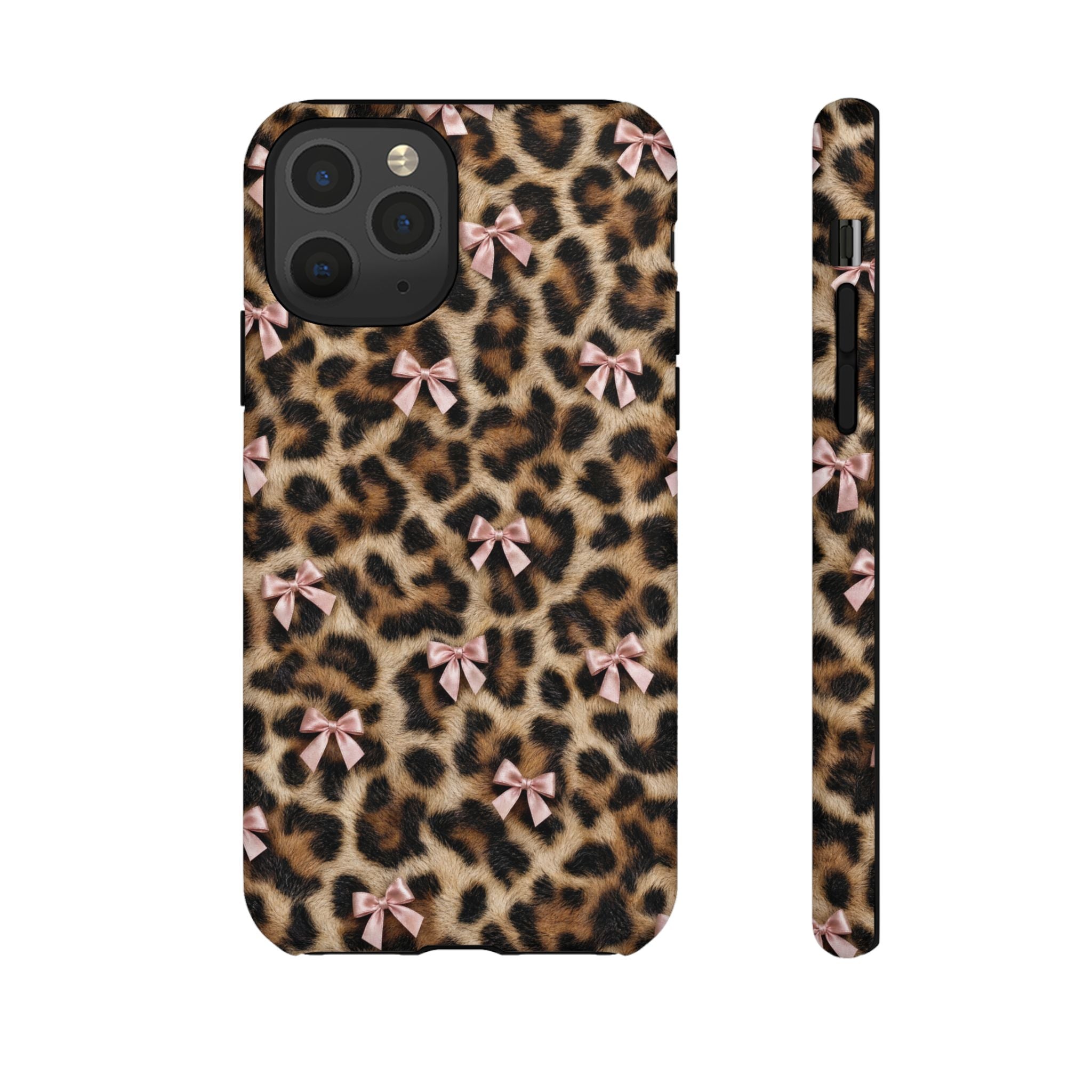 Leopard Print Bow Phone Case - Coquette Pink Ribbon Tough Case for iPhone and Samsung, Real Spot Animal Print
