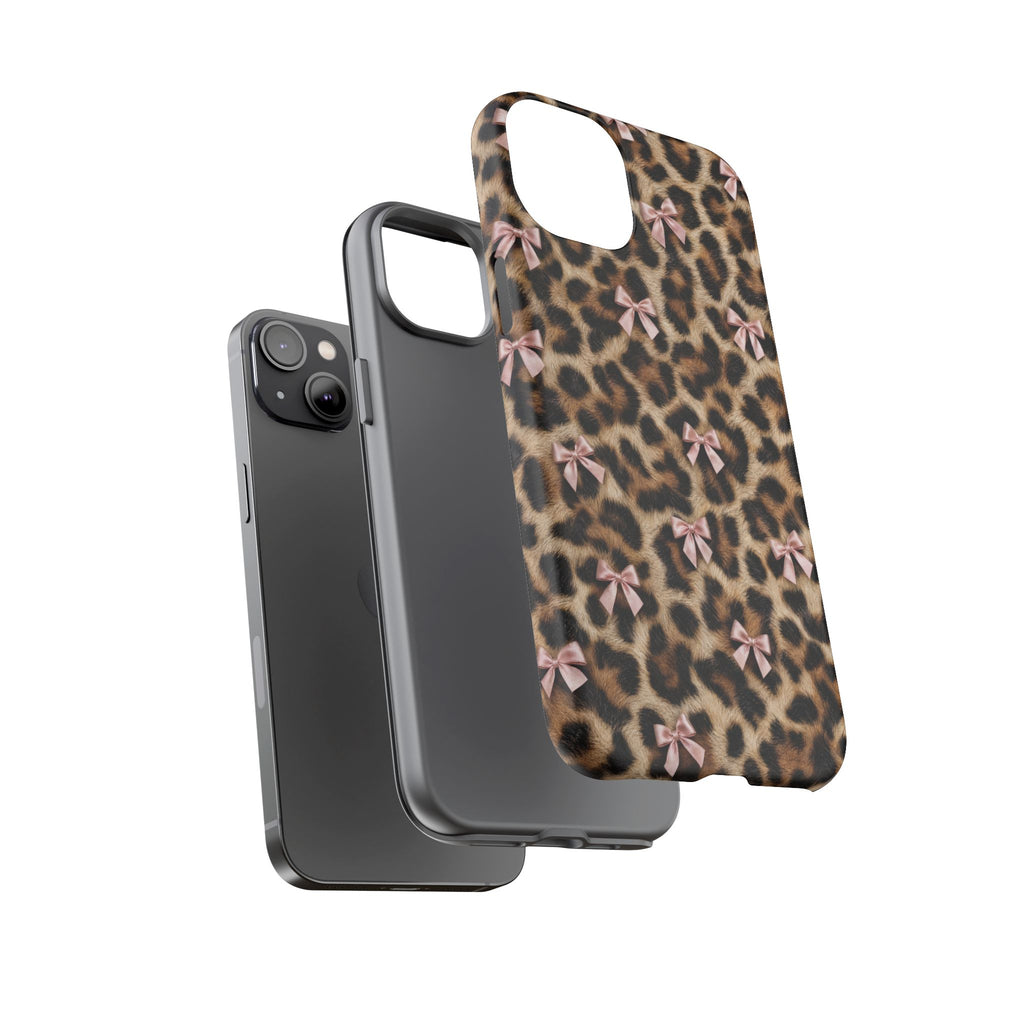 Leopard Print Bow Phone Case - Coquette Pink Ribbon Tough Case for iPhone and Samsung, Real Spot Animal Print