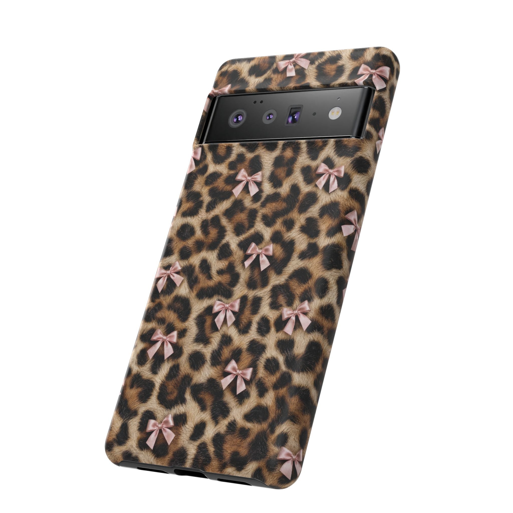 Leopard Print Bow Phone Case - Coquette Pink Ribbon Tough Case for iPhone and Samsung, Real Spot Animal Print