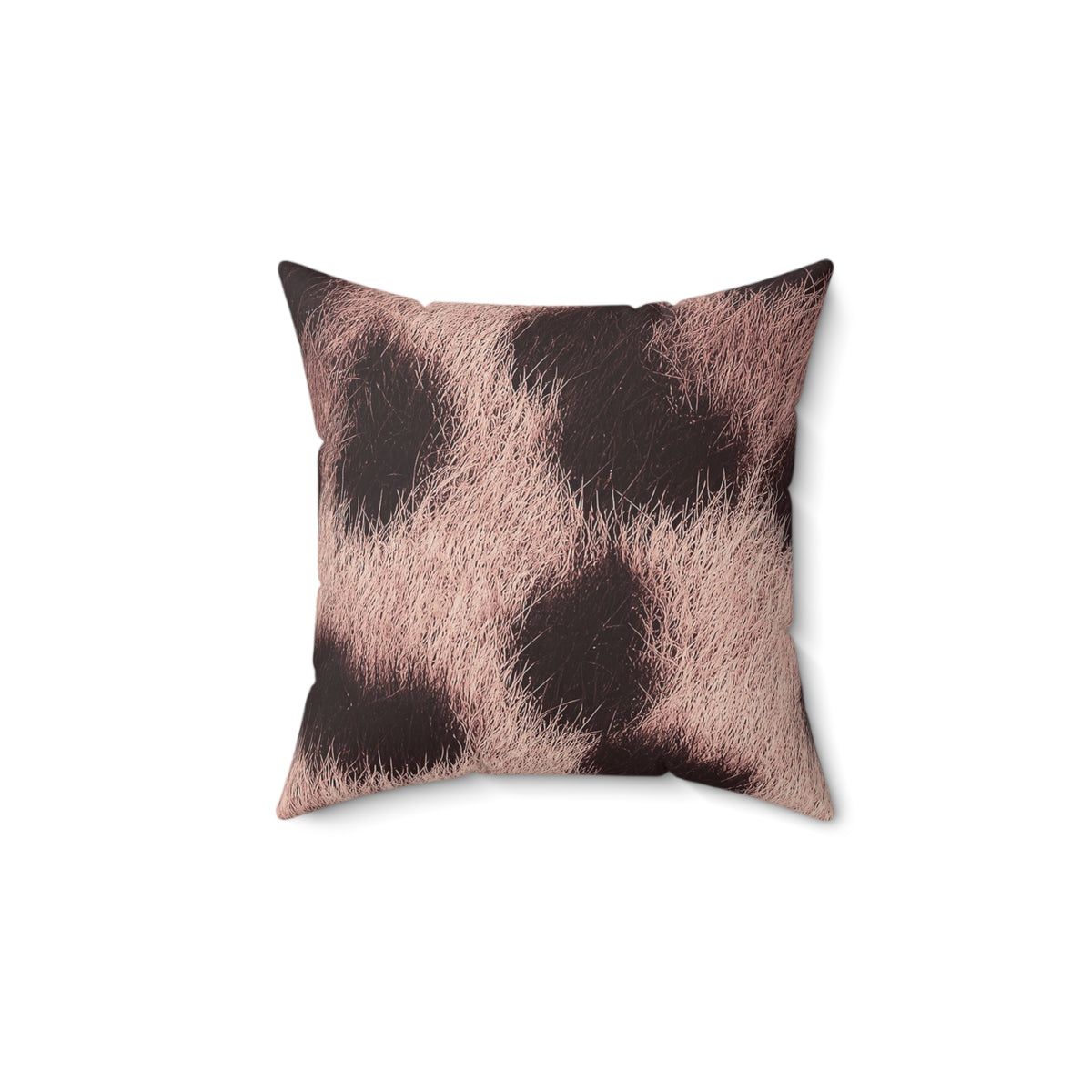 Pink leopard print throw pillow — wrap-around photoreal fur print, front view