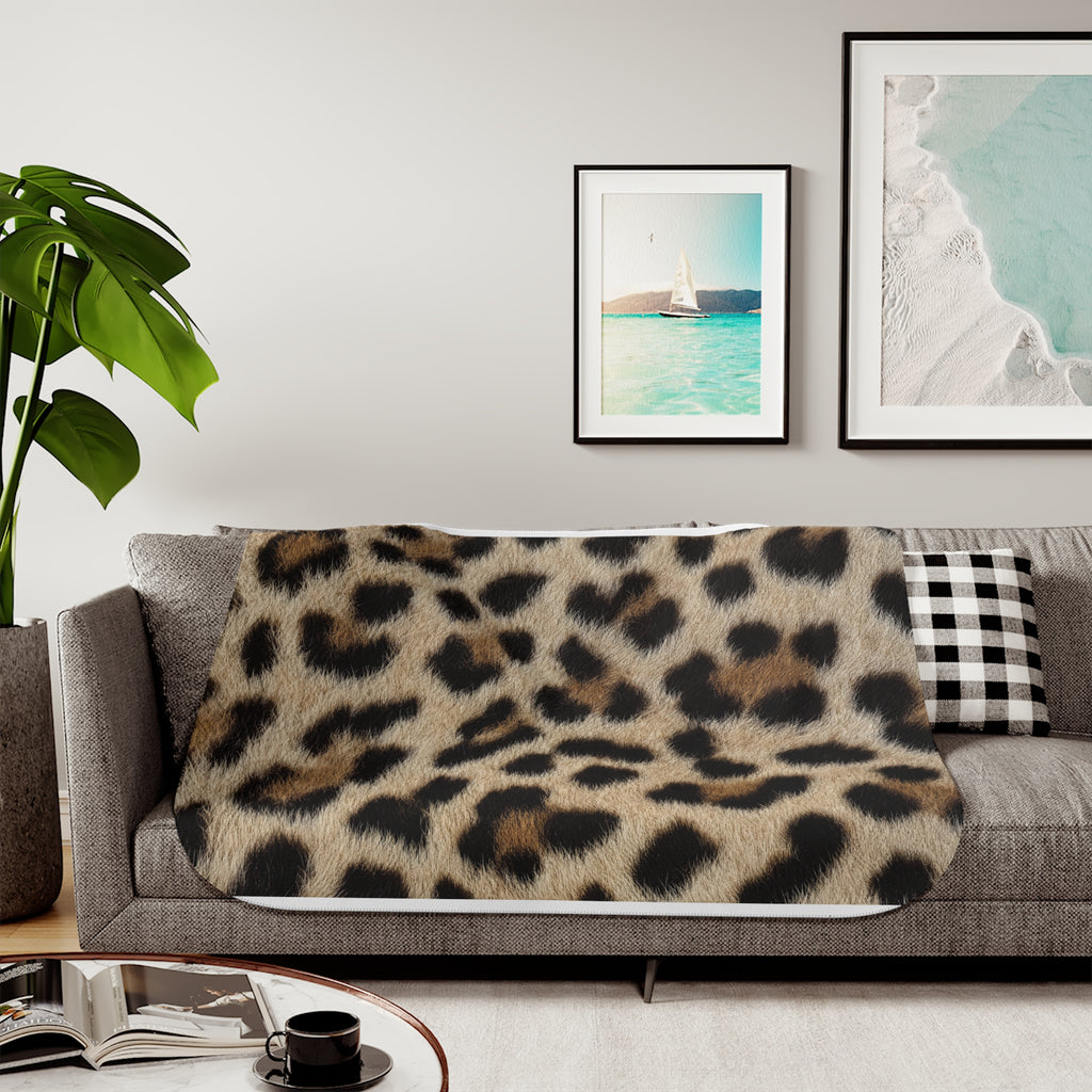 Leopard Print Sherpa Blanket - Tan Cheetah Throw, Photoreal Animal Print, 3 Sizes
