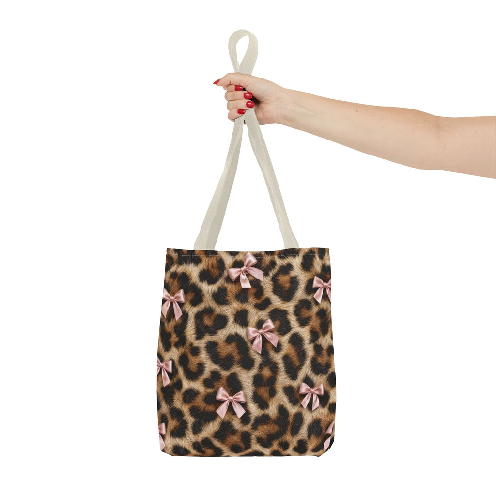 Leopard Print Bow Tote Bag - Coquette Pink Ribbon Canvas Tote, Real Spot Animal Print Shoulder Bag, 3 Sizes