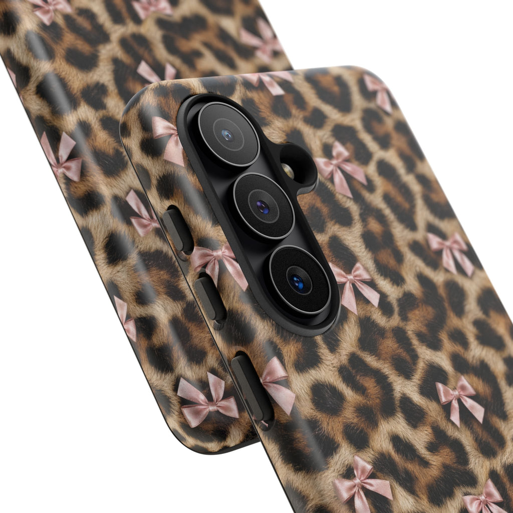 Leopard Print Bow Phone Case - Coquette Pink Ribbon Tough Case for iPhone and Samsung, Real Spot Animal Print