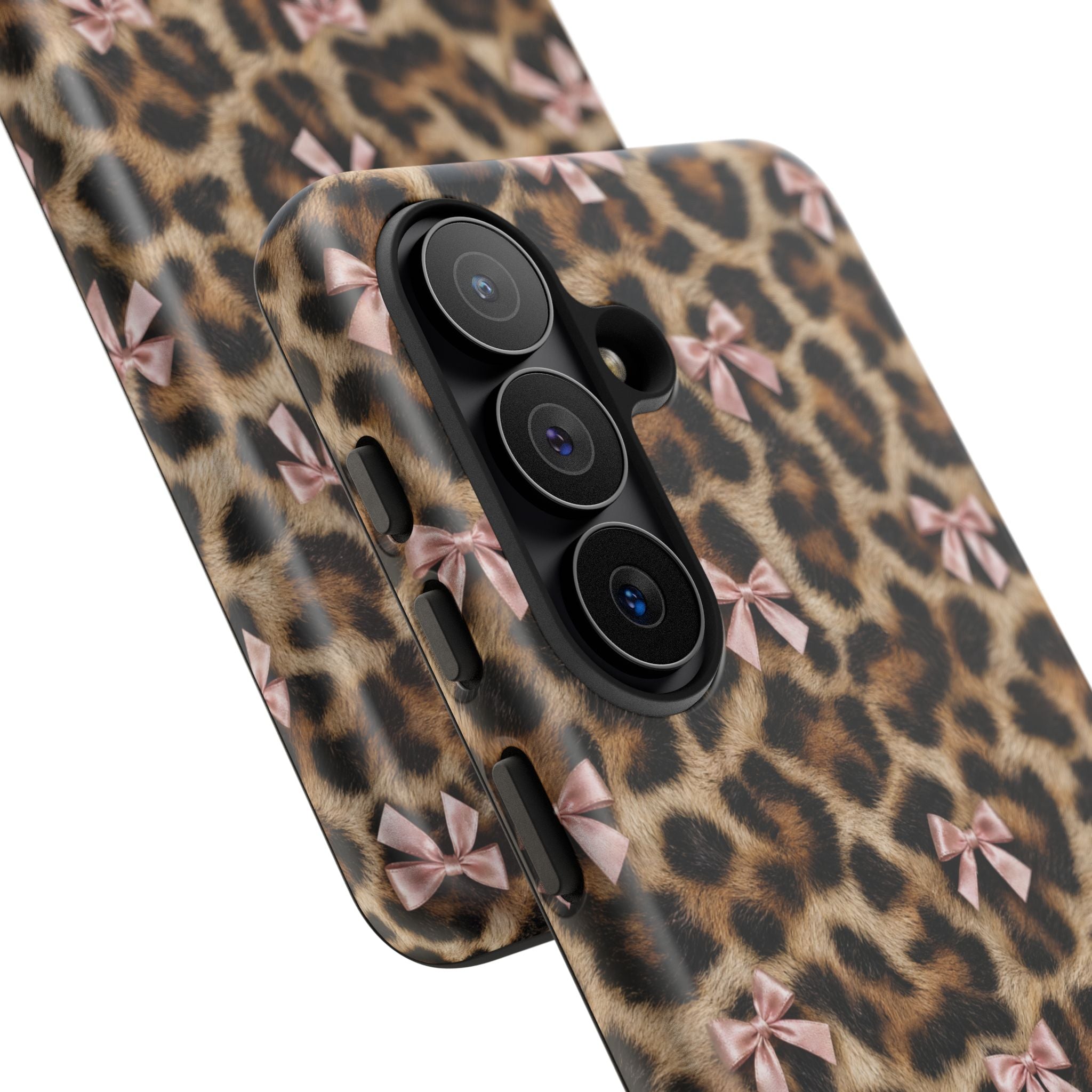 Leopard Print Bow Phone Case - Coquette Pink Ribbon Tough Case for iPhone and Samsung, Real Spot Animal Print